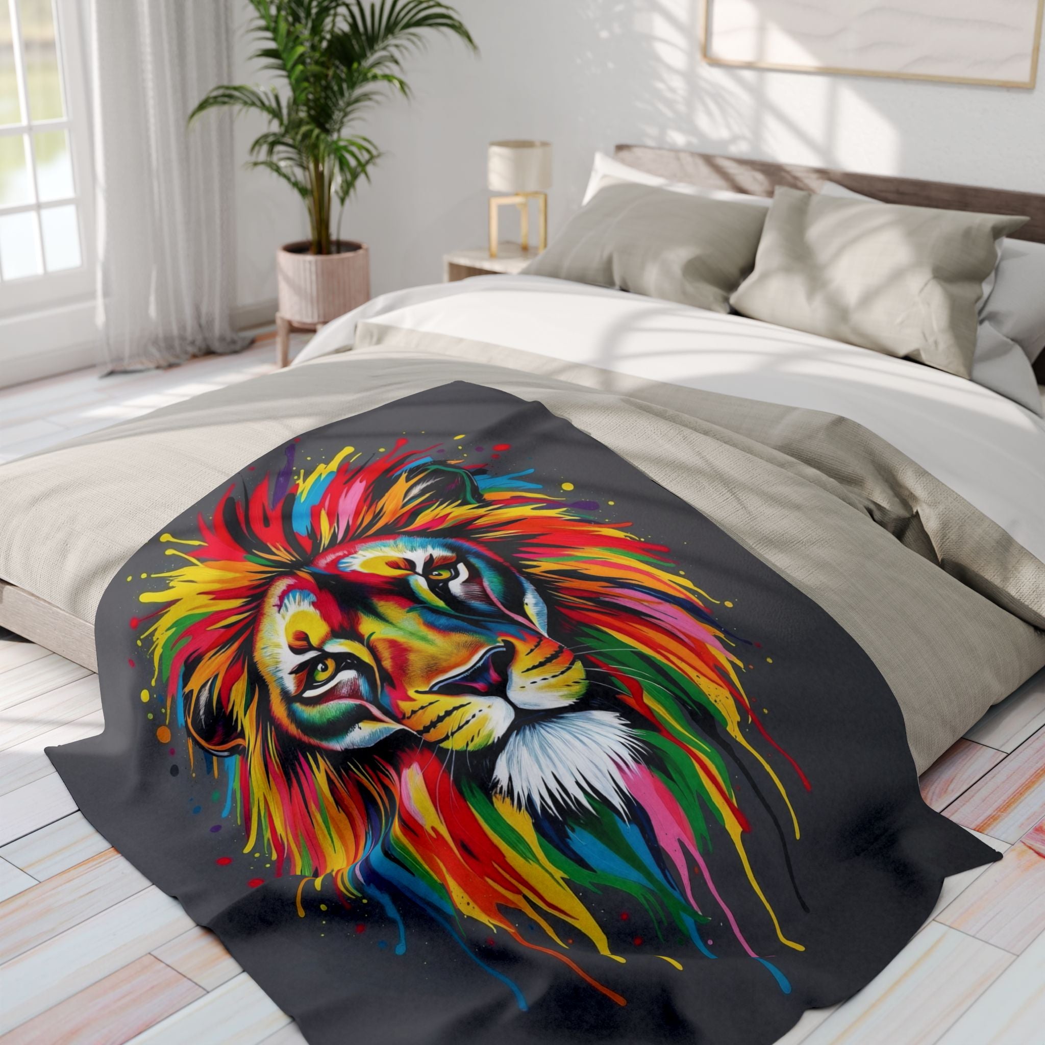Multicoloured colourful abstract lion design blanket on a bed in a bright bedroom.
