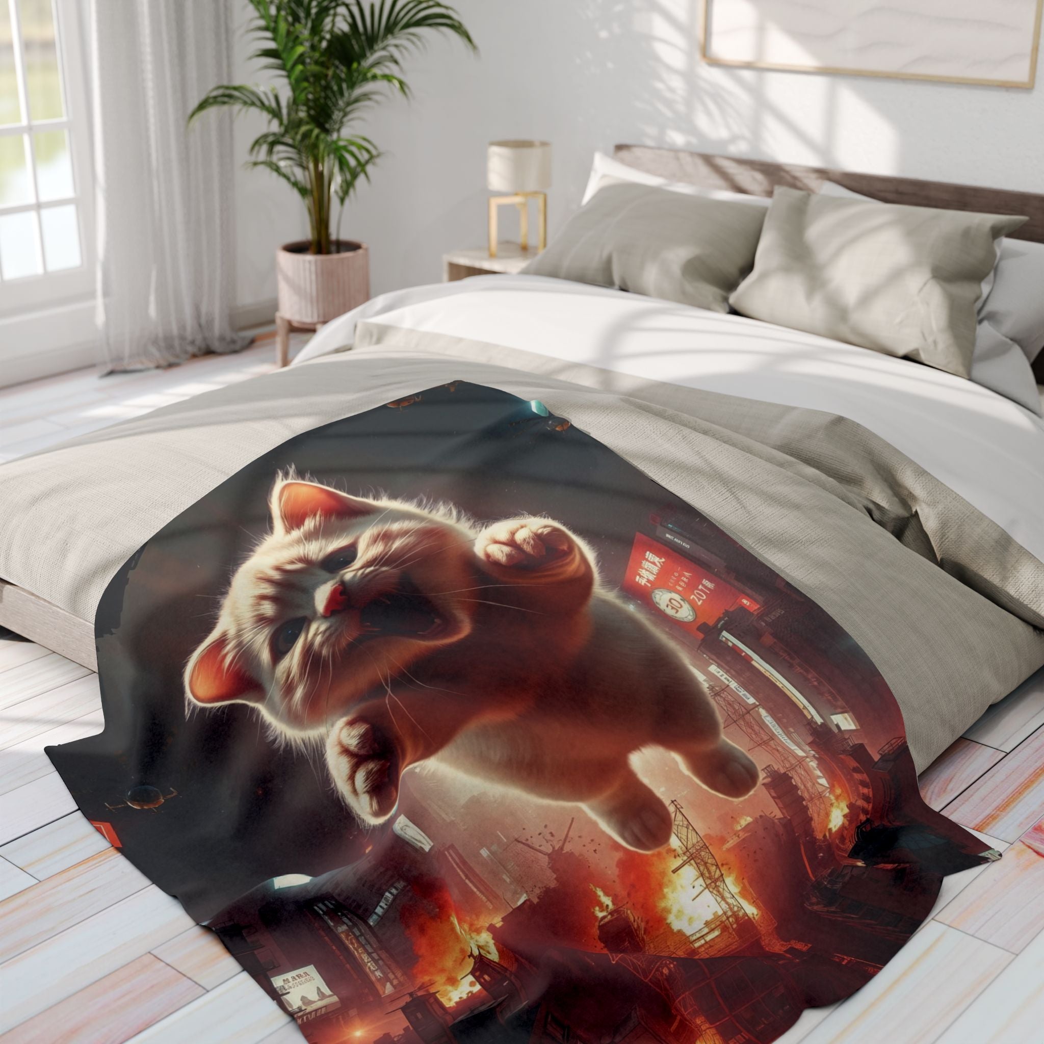 Angry Kitty Attacks Downtown Tokyo City Blanket