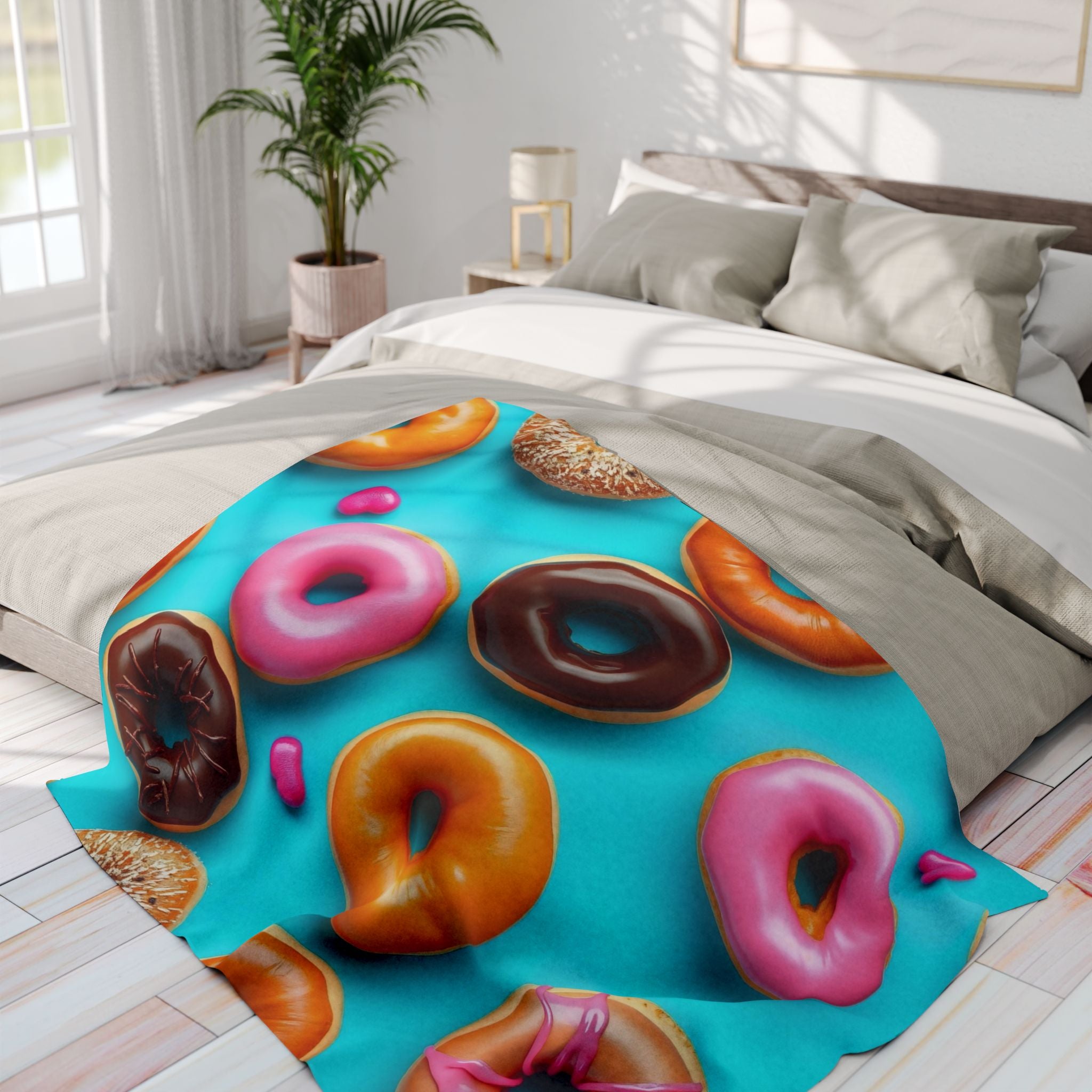 Colourful doughnut patterned fleece blanket on a bed in a bright bedroom.