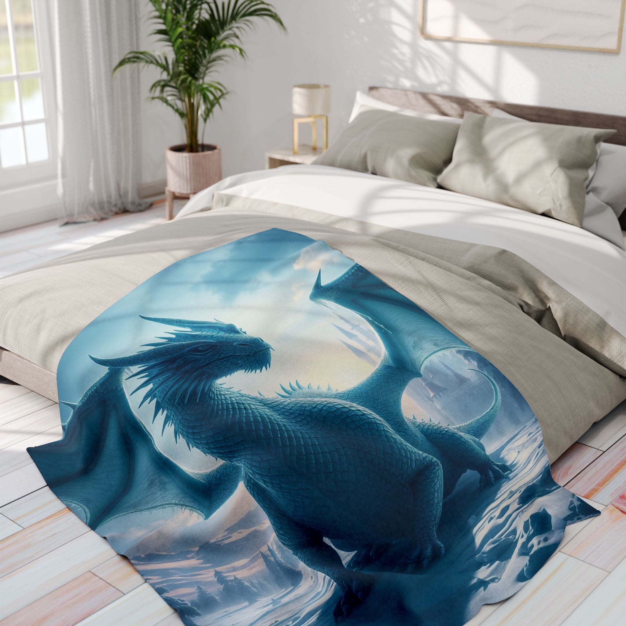 Winter dragon themed blanket on a bed in a bright bedroom.
