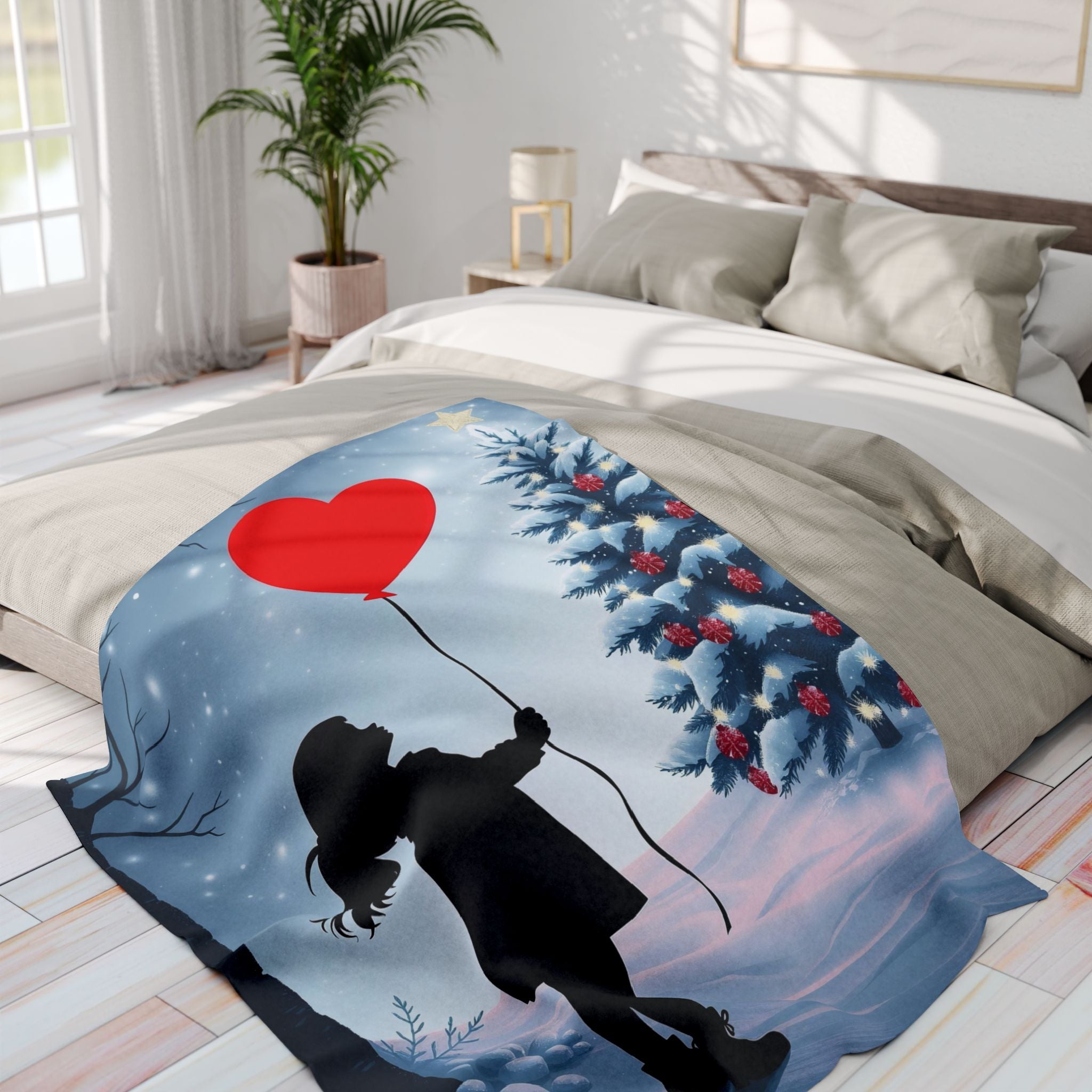 Decorative blanket with a winter scene and heart balloon on a bed in a bright bedroom.