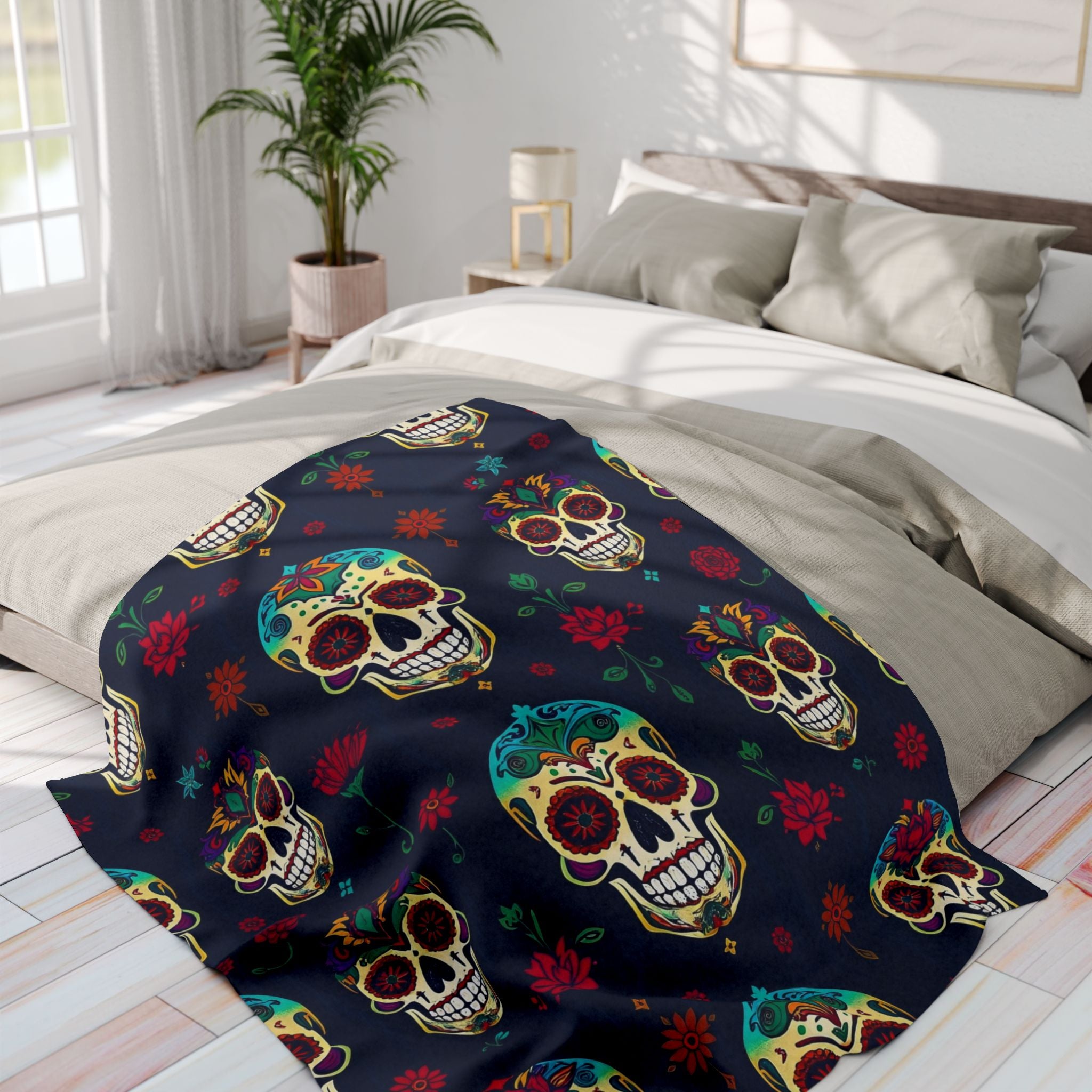 Colorful mexican sugar skull patterned blanket on a bed in a bright bedroom.