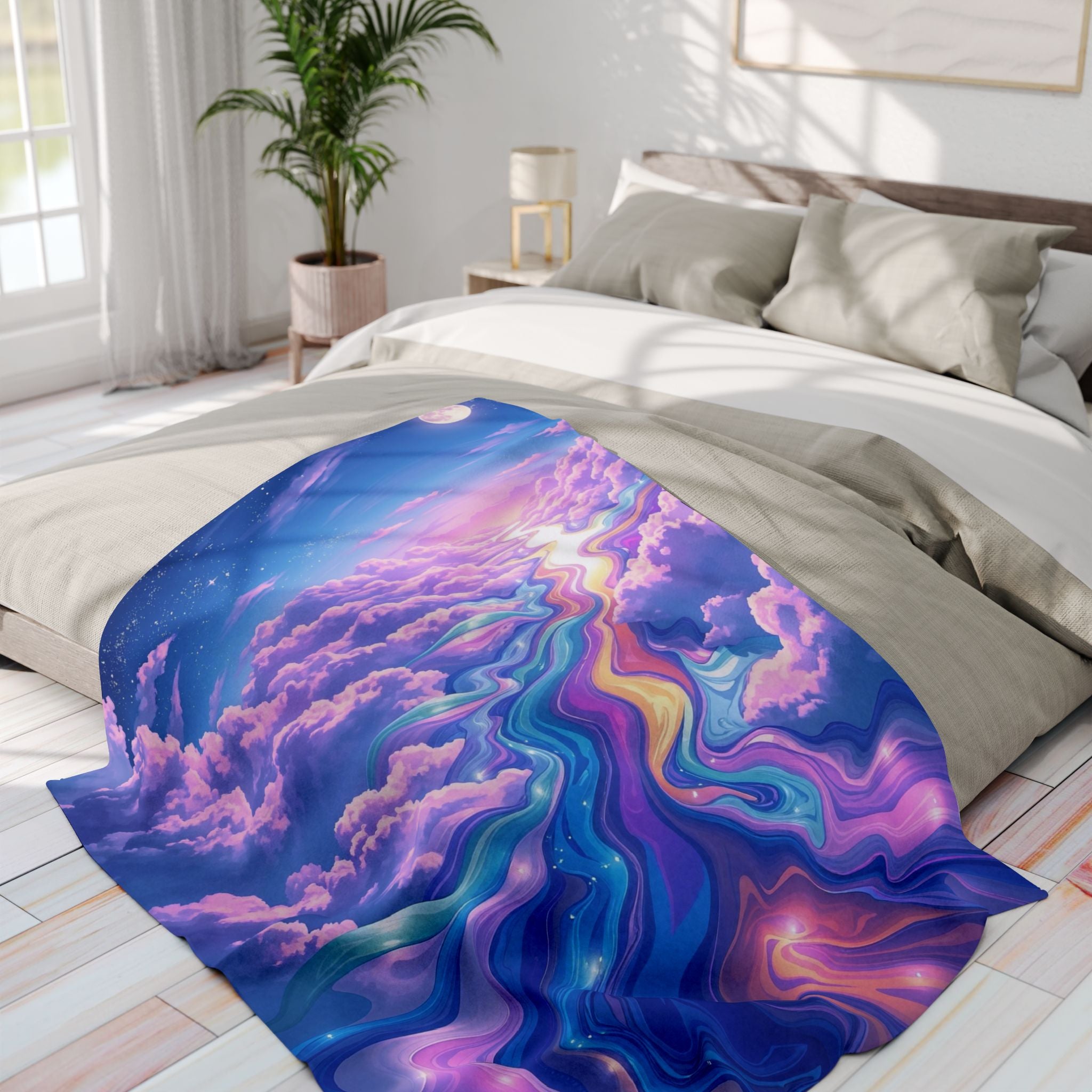 Colorful cloud patterned blanket on a bed in a bright bedroom.