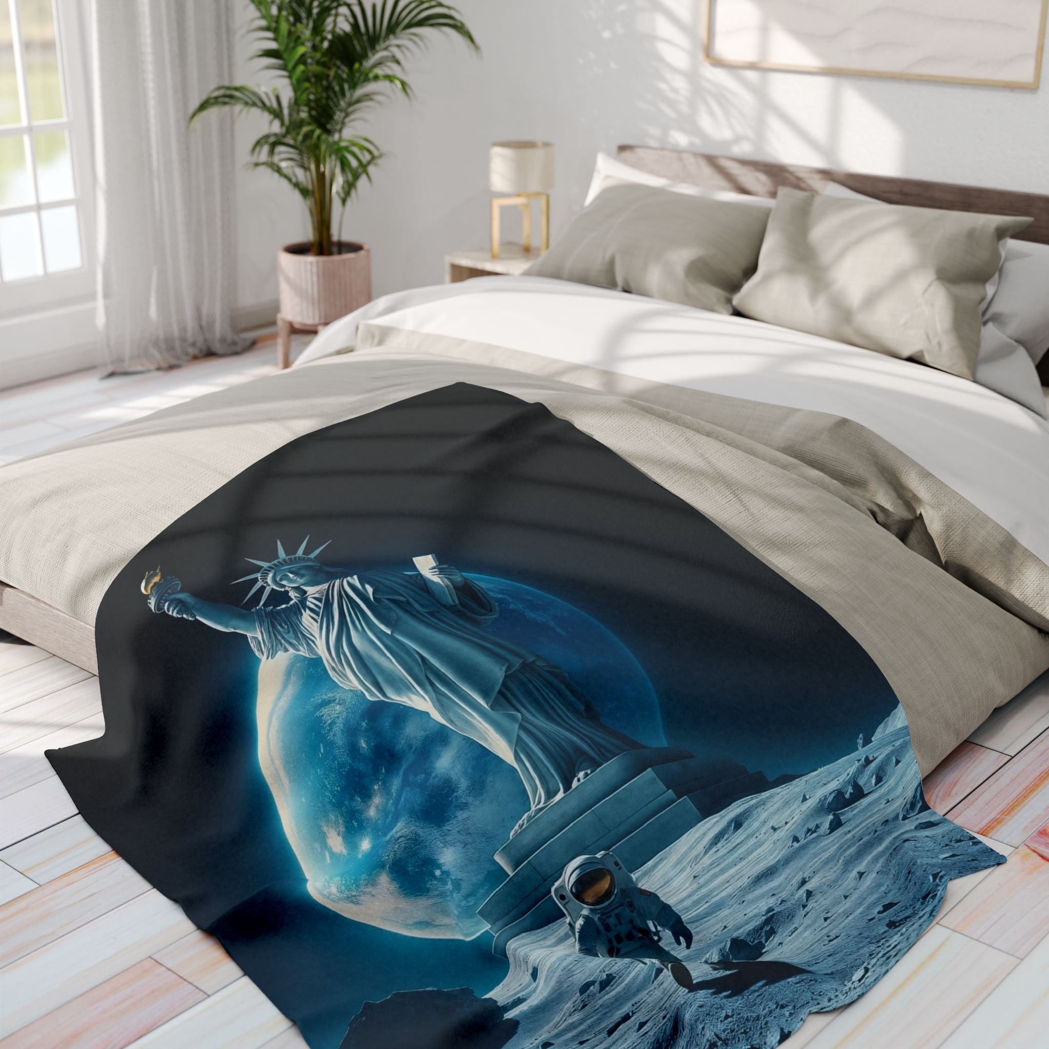 Blanket with the statue of liberty and an astronaut on the moon draped over a bed in a bright bedroom.