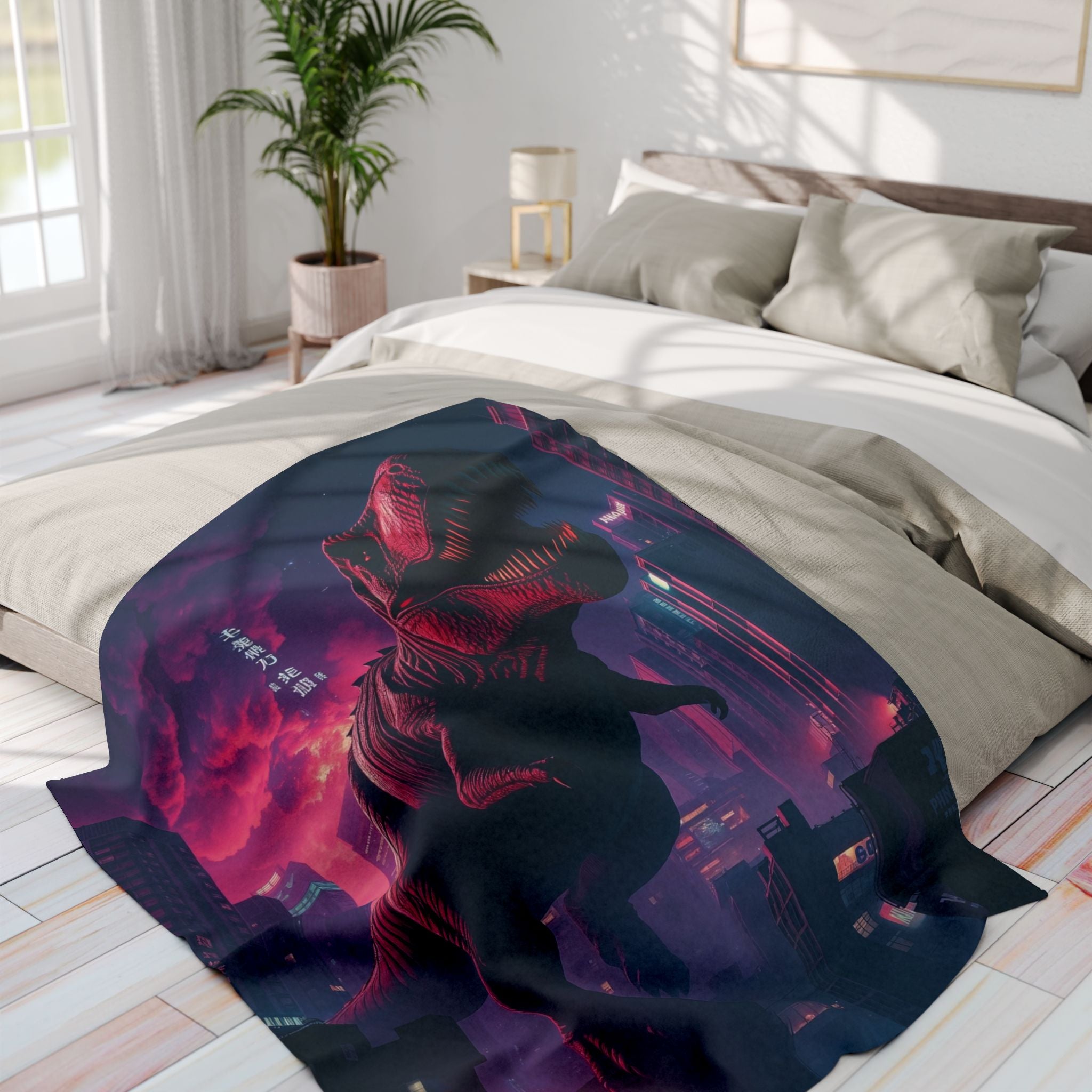 Bed with a monster-themed blanket featuring T-Rex in downtown Tokyo Japan.