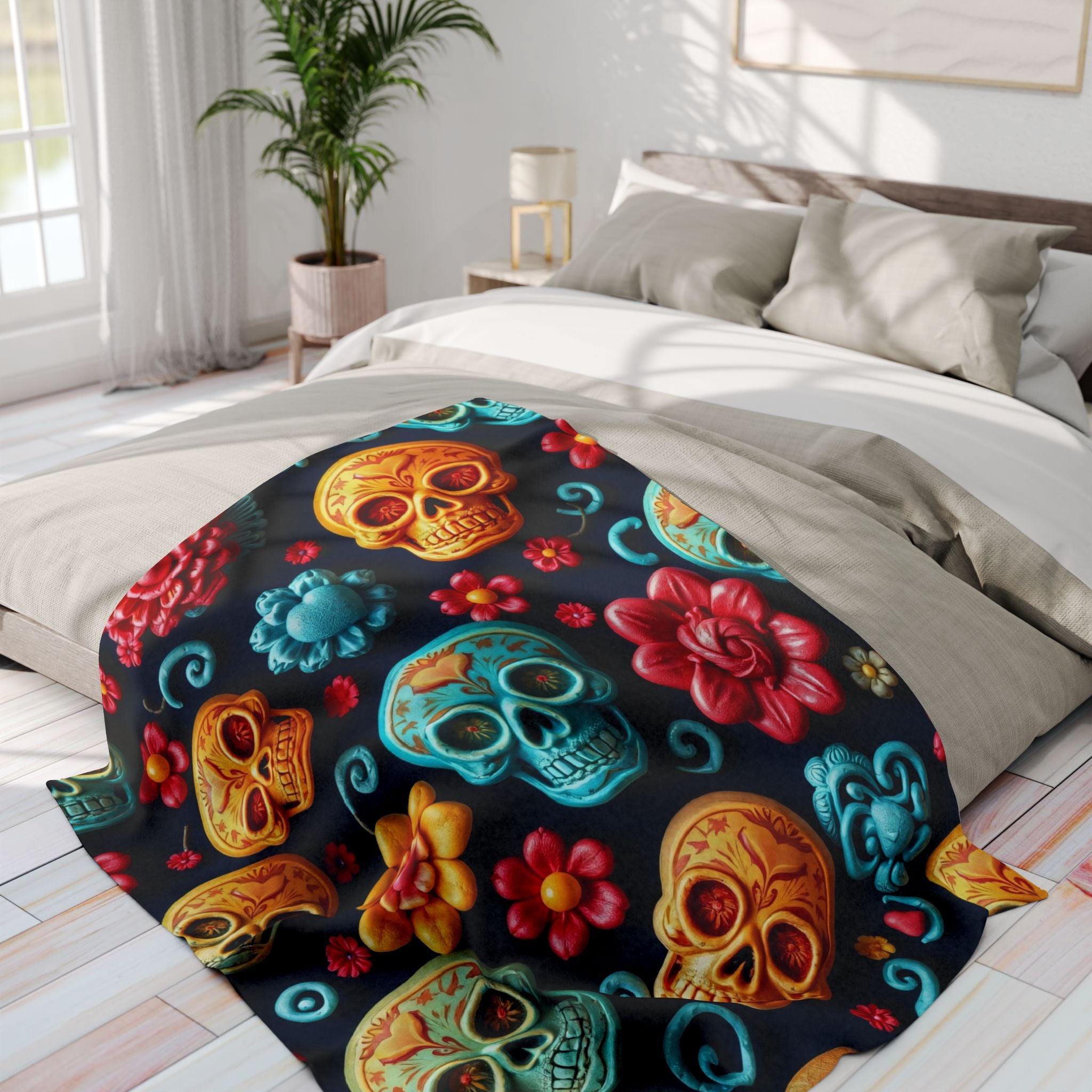 Colorful mexican sugar skull and floral patterned blanket on a bed in a bright bedroom.