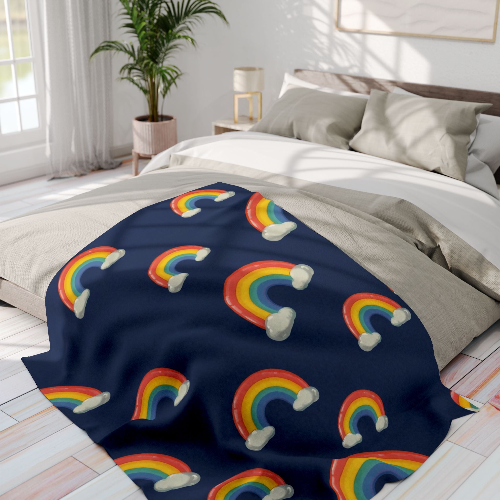 Navy blue blanket with rainbow patterns draped over a bed in a bright bedroom.