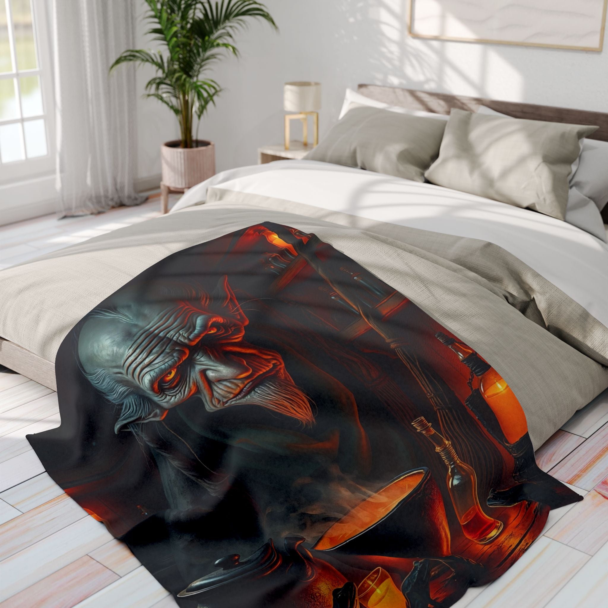 Decorative blanket with a gothic halloween warlock wizard design draped over a bed in a bright bedroom.