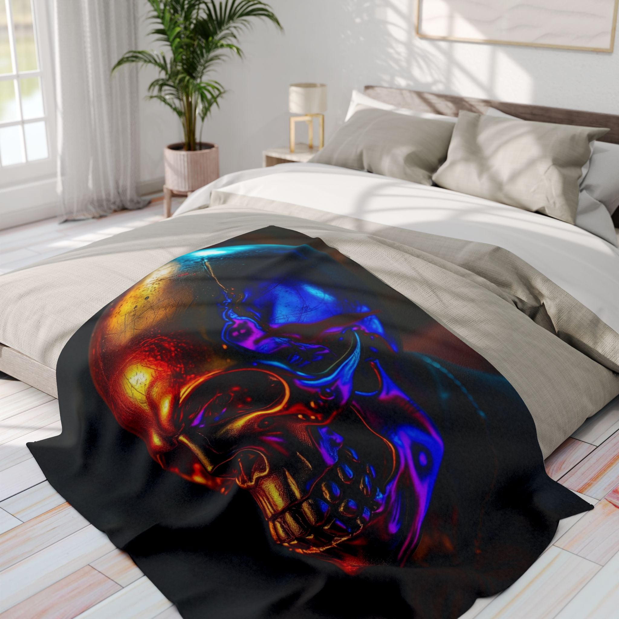 Golden gothic skull design blanket on a bed in a bright bedroom.