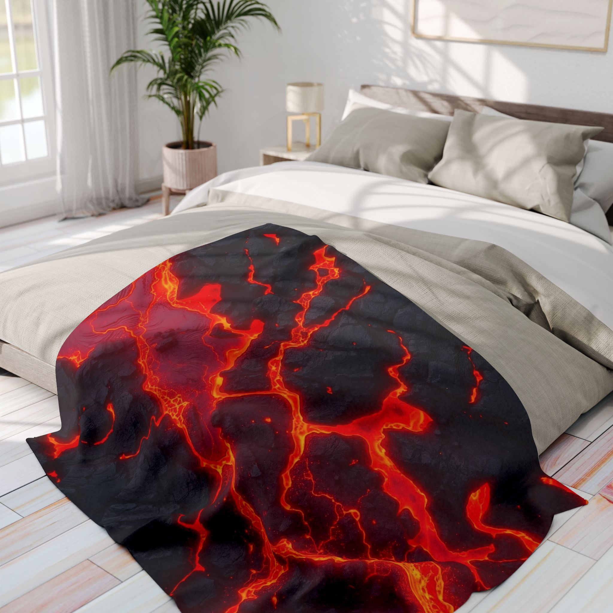 Lava patterned blanket on a bed in a bright bedroom.