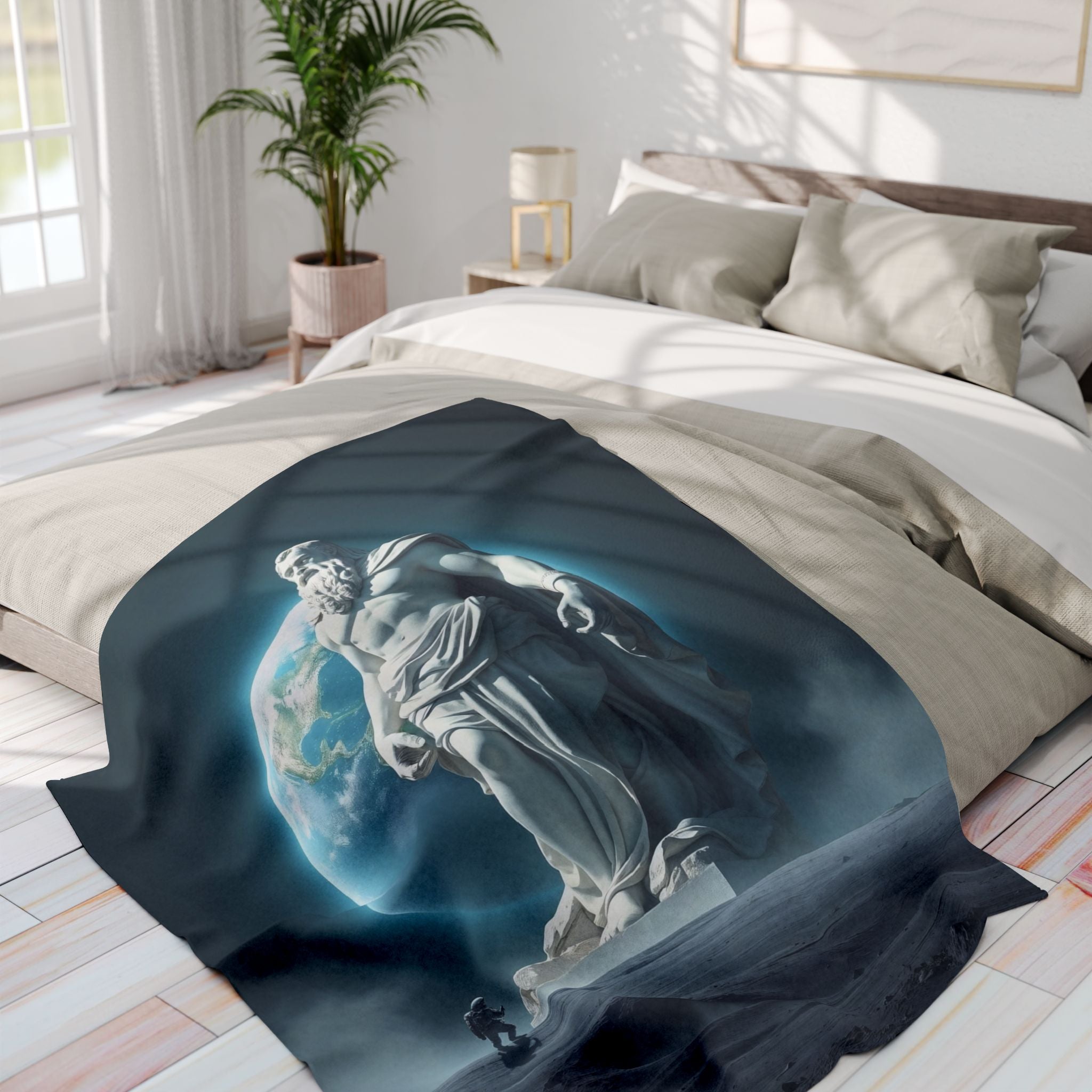Statue of a classical ancient greek god zeus on the moon with an astronaut figure fleece blanket draped over a bed in a bright bedroom.