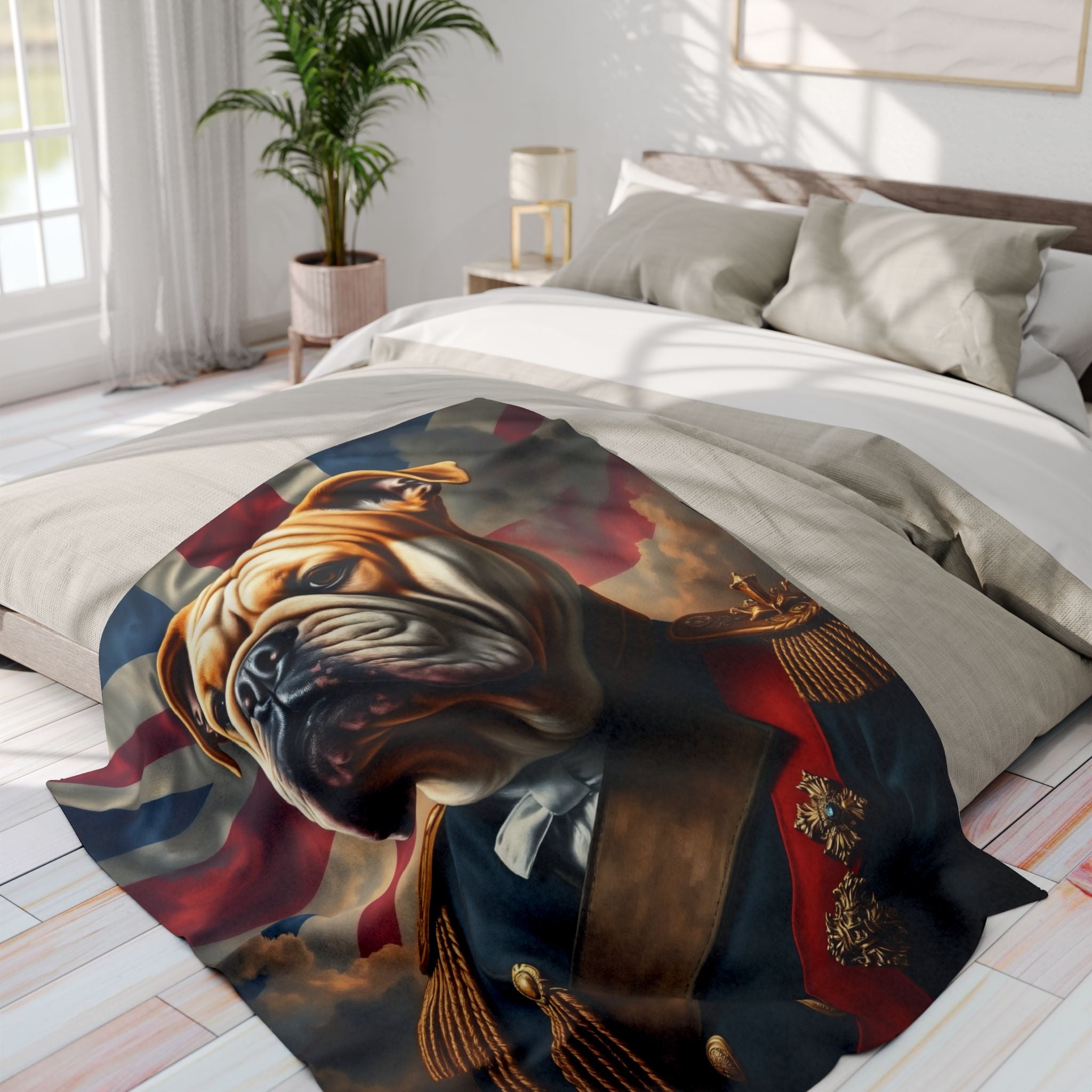 Bed with a decorative blanket featuring a British bulldog in regal attire with a Union Jack Flag background in a bright bedroom.