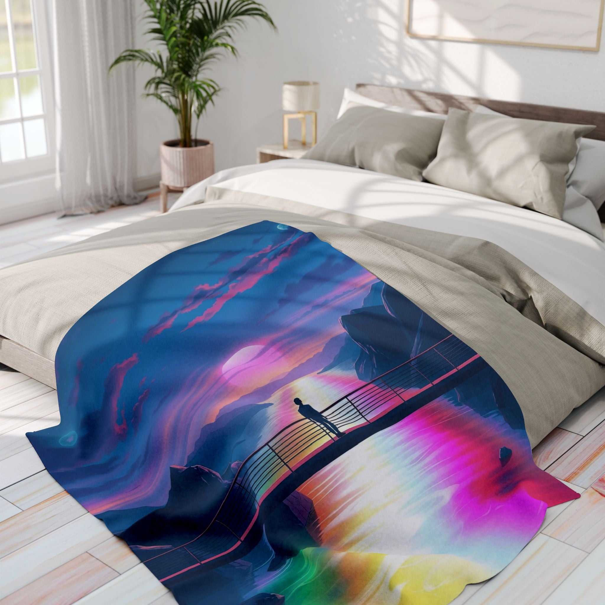 Rainbow river sunset from a bridge abstract design on a bed in a bright bedroom.