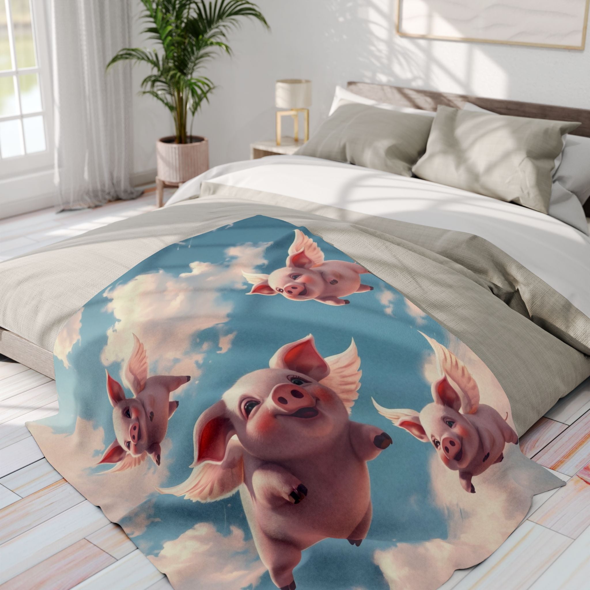 Blanket with cartoon flying pigs design on a bed in a bright bedroom.