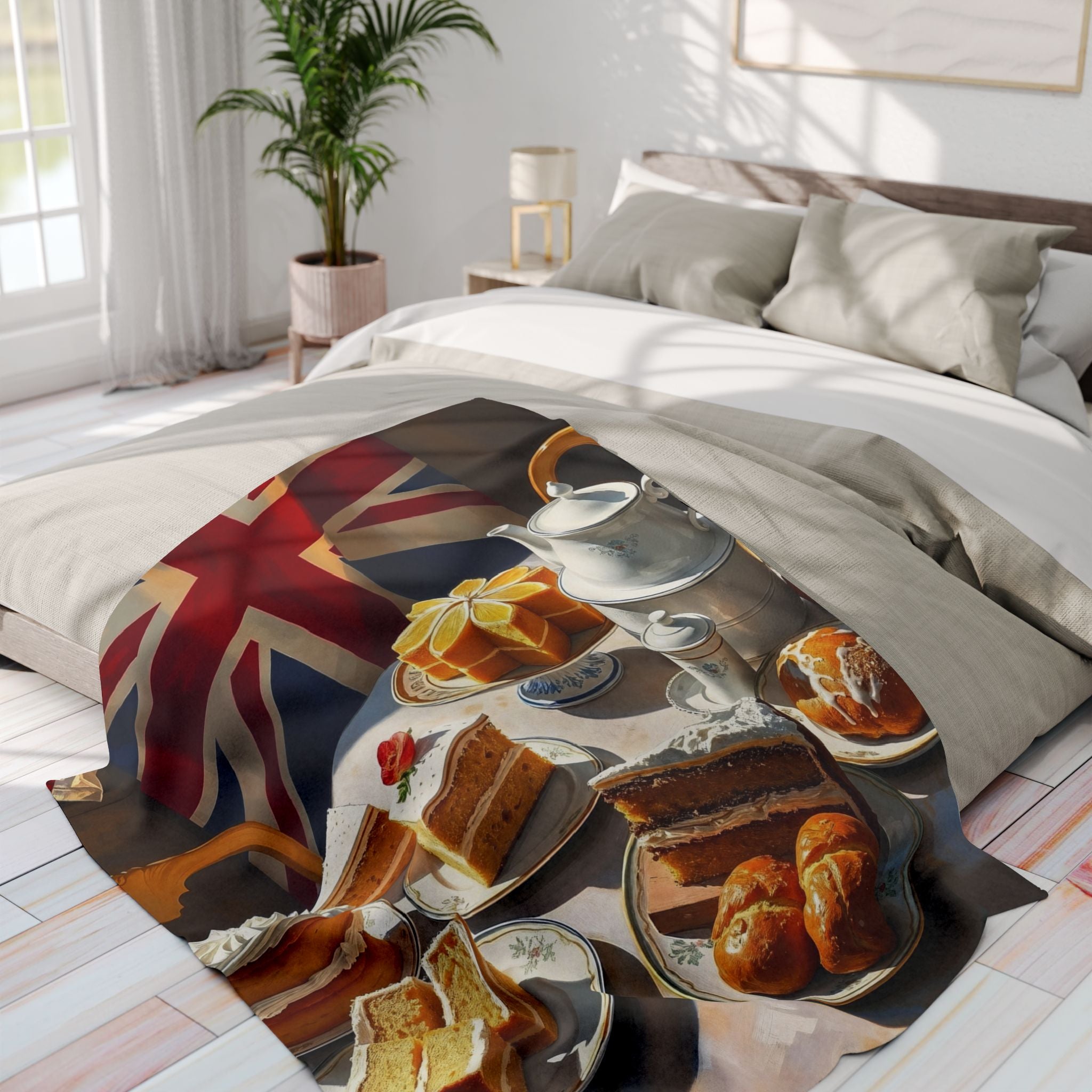 Blanket with British-themed design featuring food and the Union Jack in a bedroom setting.