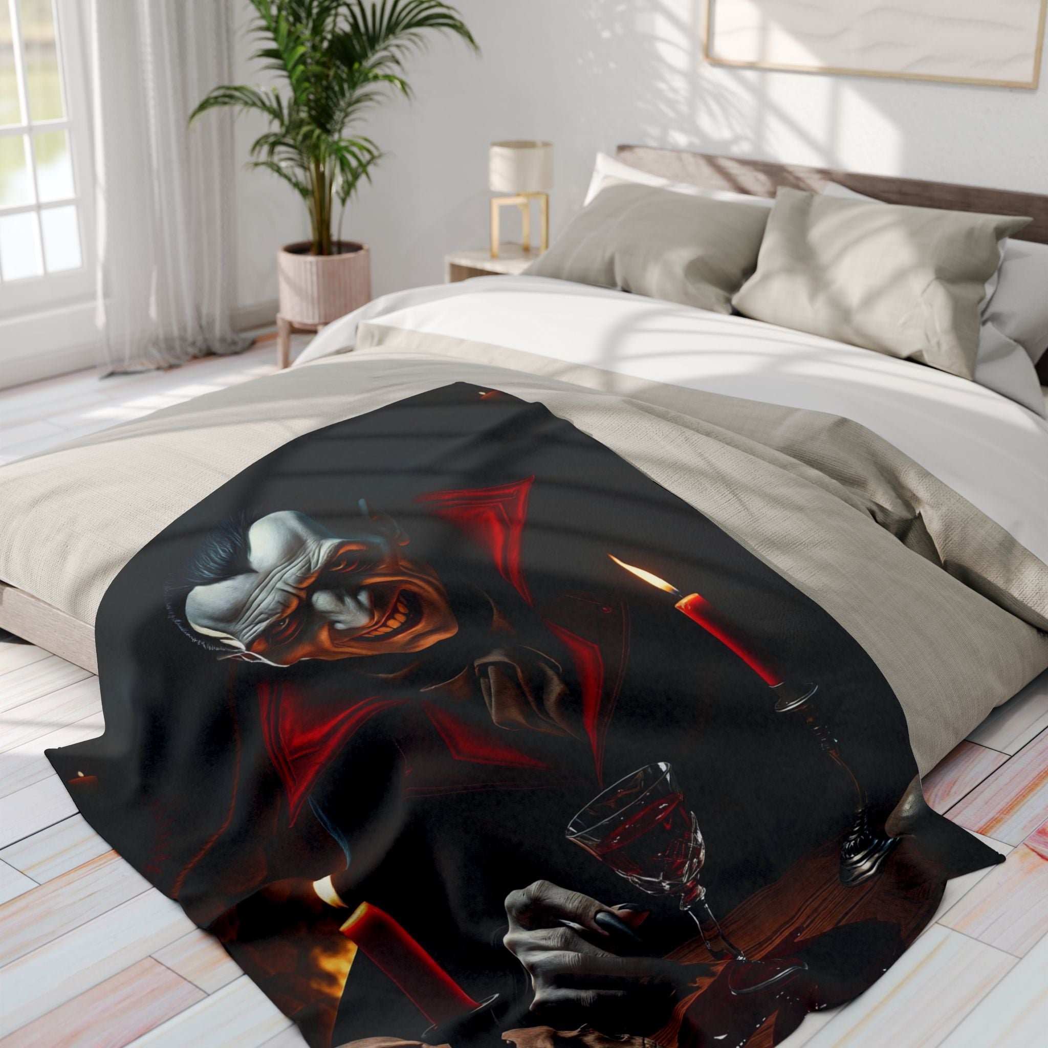 Decorative halloween fleece blanket with  a count dracula design on a bed in a bright bedroom.