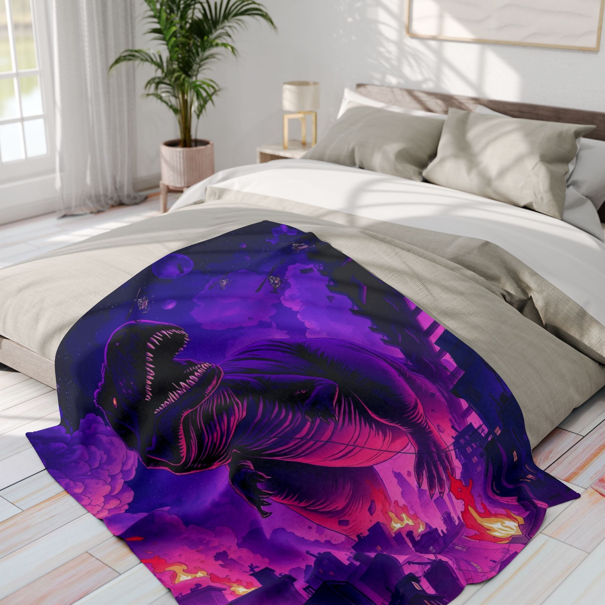 T-Rex Attacks City Blanket