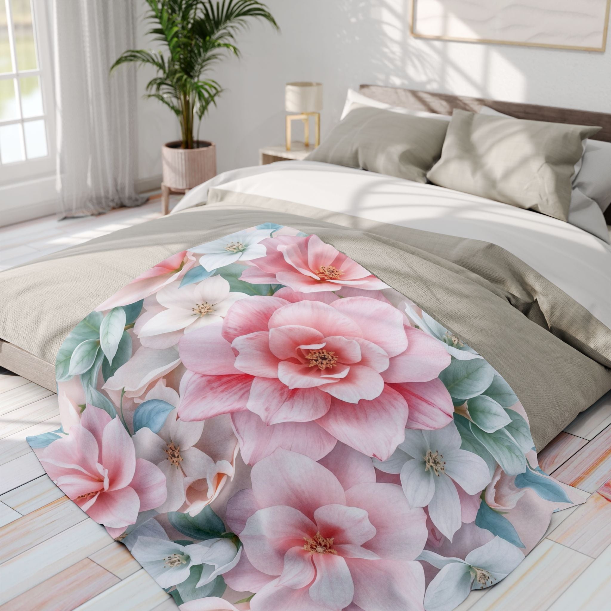 Floral blanket on a bed in a bright bedroom with plants and a lamp.