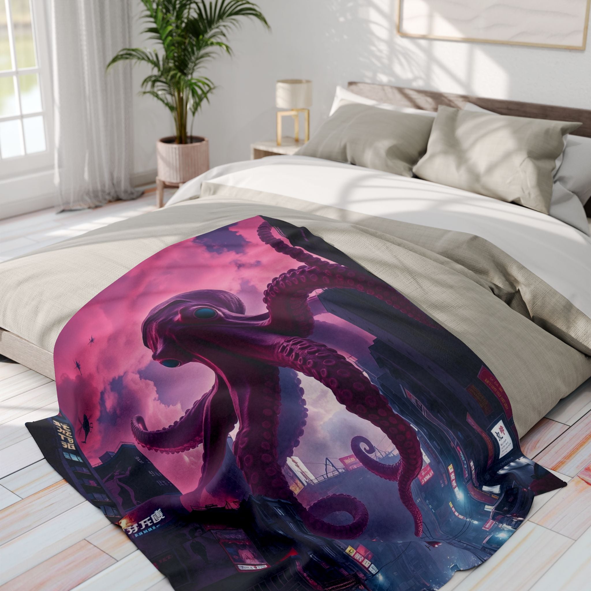 Octopus Attacks Downtown Tokyo City Blanket