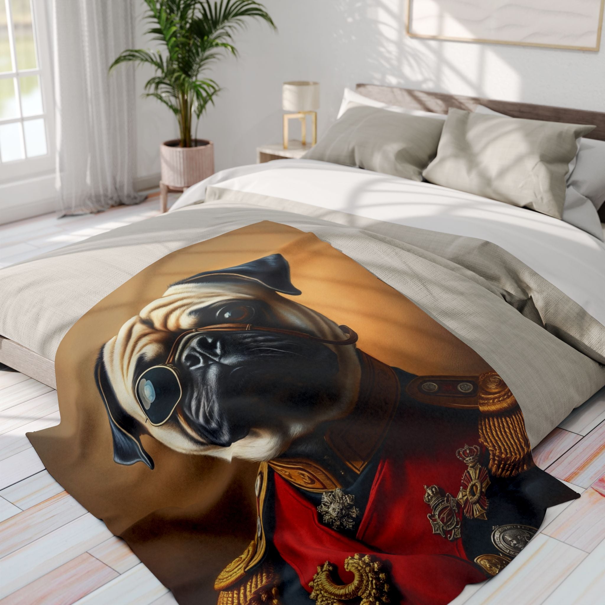 Fleece blanket featuring a pug dog wearing a vintage army military uniform draped over a bed in a bright bedroom.