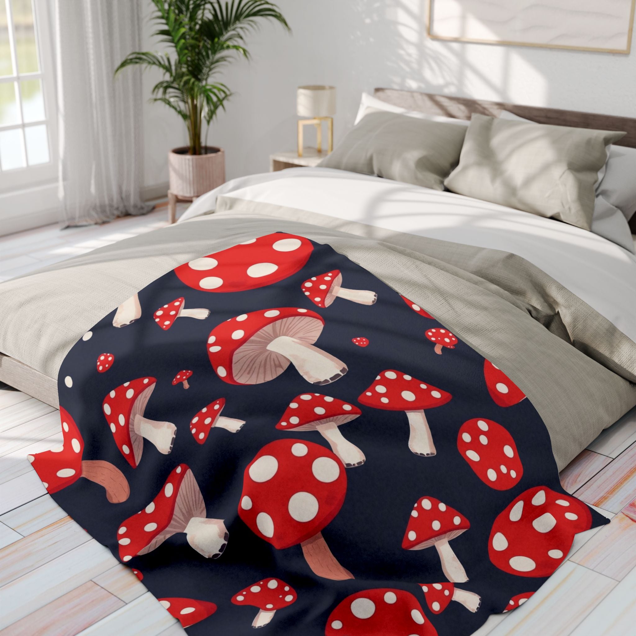 Red and white spotted mushroom patterned blanket on a bed in a bright bedroom.