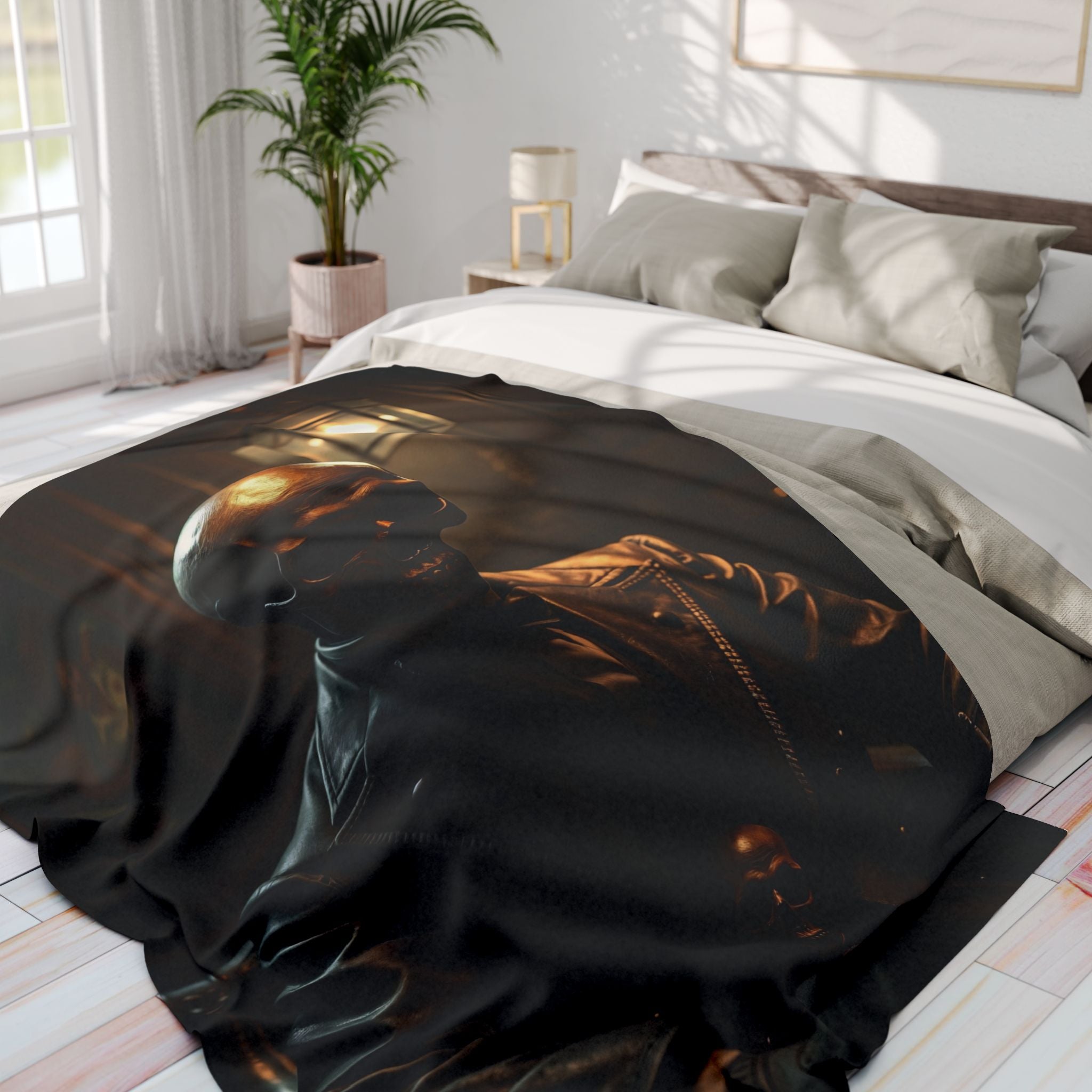 Black blanket with a gothic skull design draped over a bed in a bright bedroom.