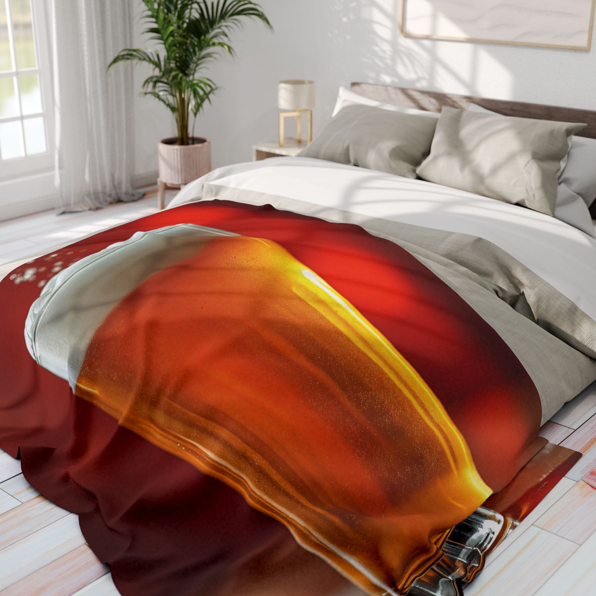 Fleece blanket design of a pint of lager draped over a bed in a bright bedroom with natural light.