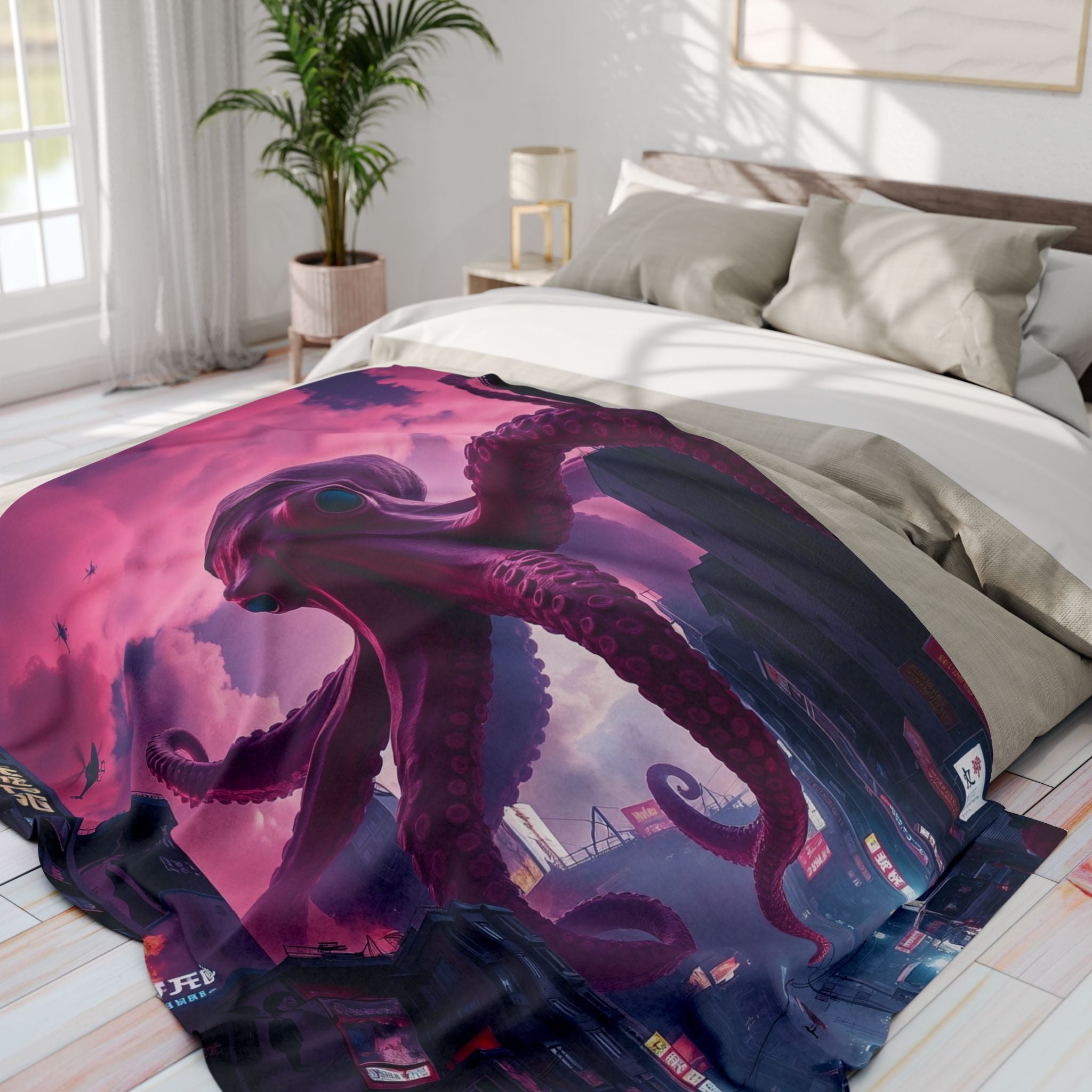Octopus Attacks Downtown Tokyo City Blanket