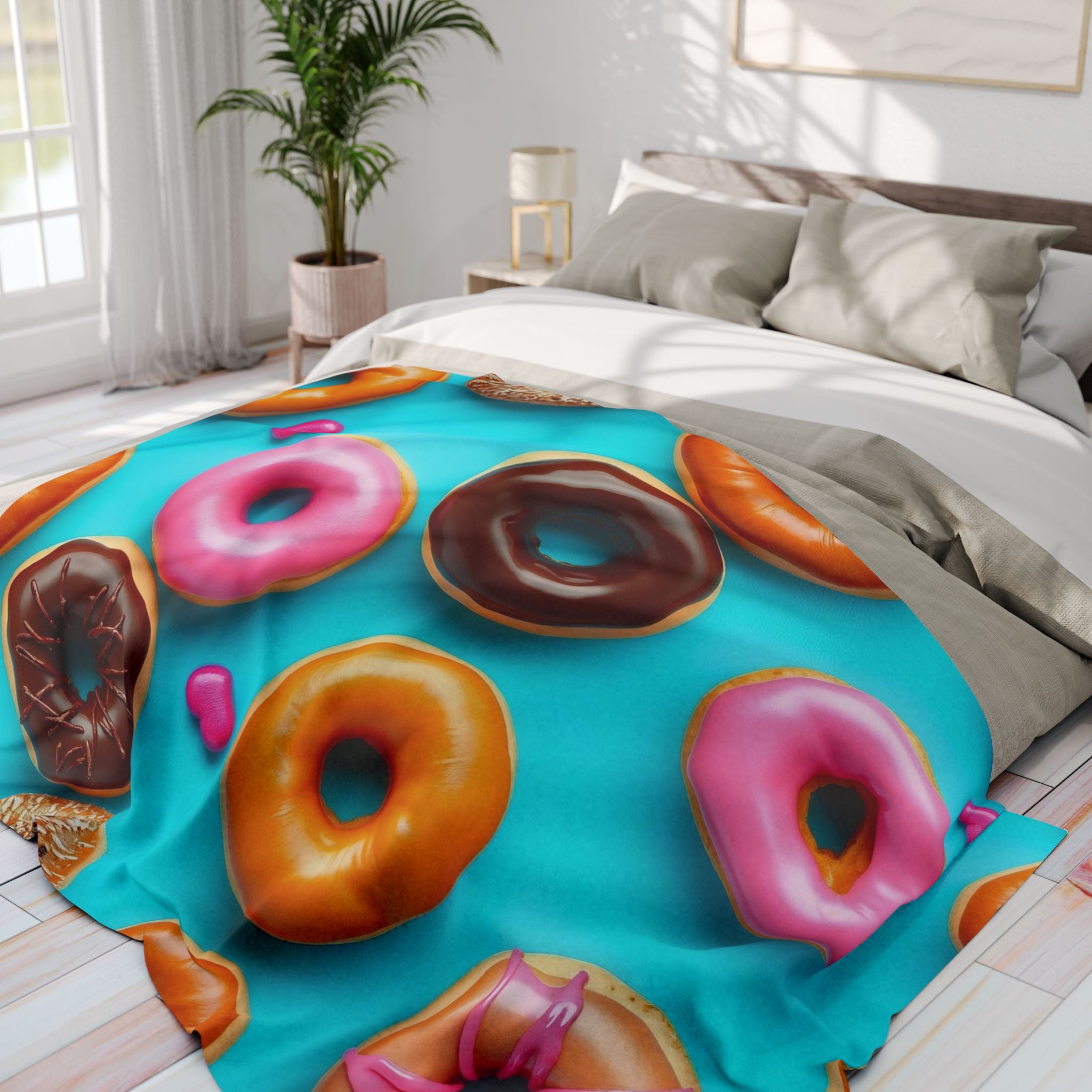 Warm fleece blanket with colorful donut pattern on a bed in a bright bedroom.