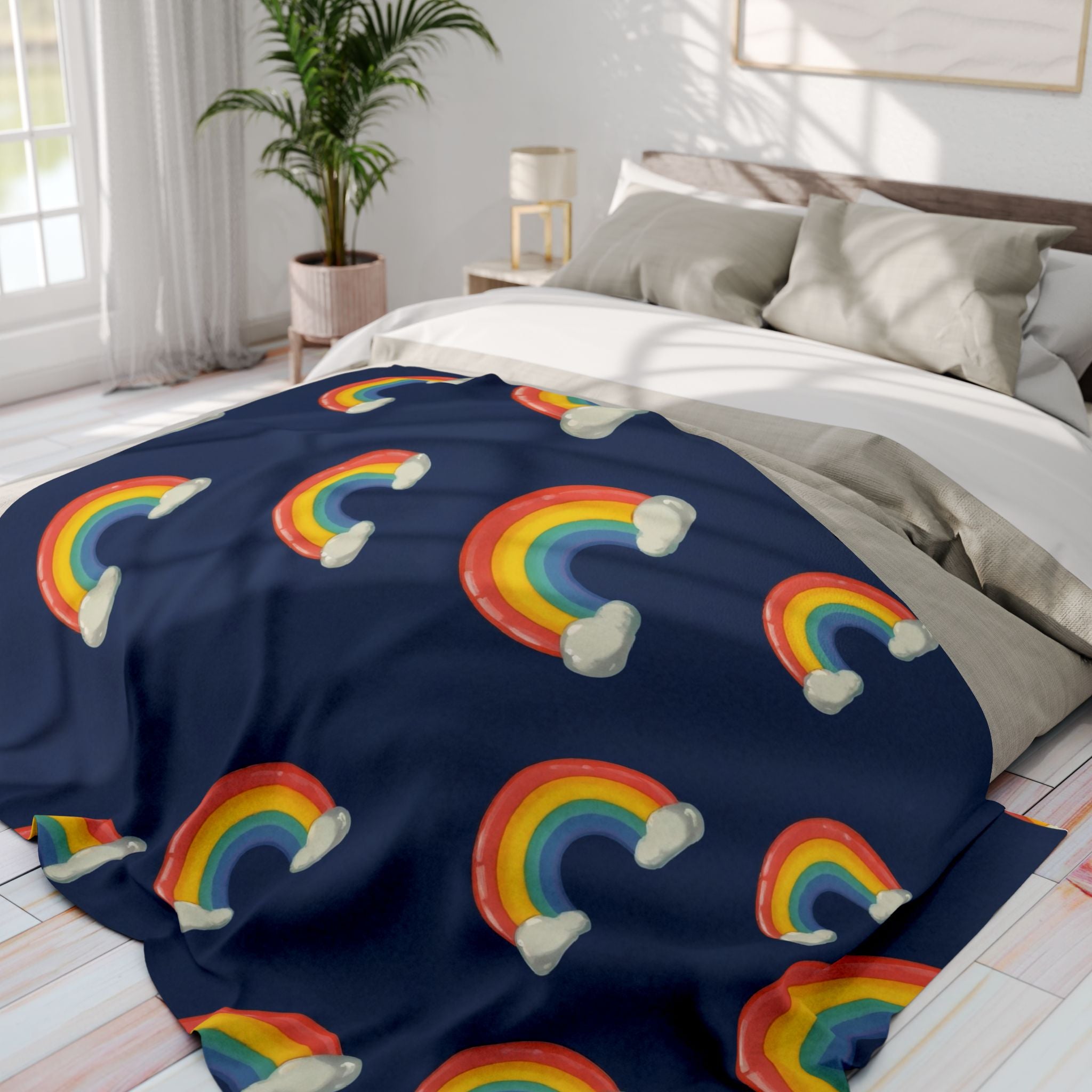 Navy blue blanket with colorful rainbow patterns on a bed in a bright bedroom.