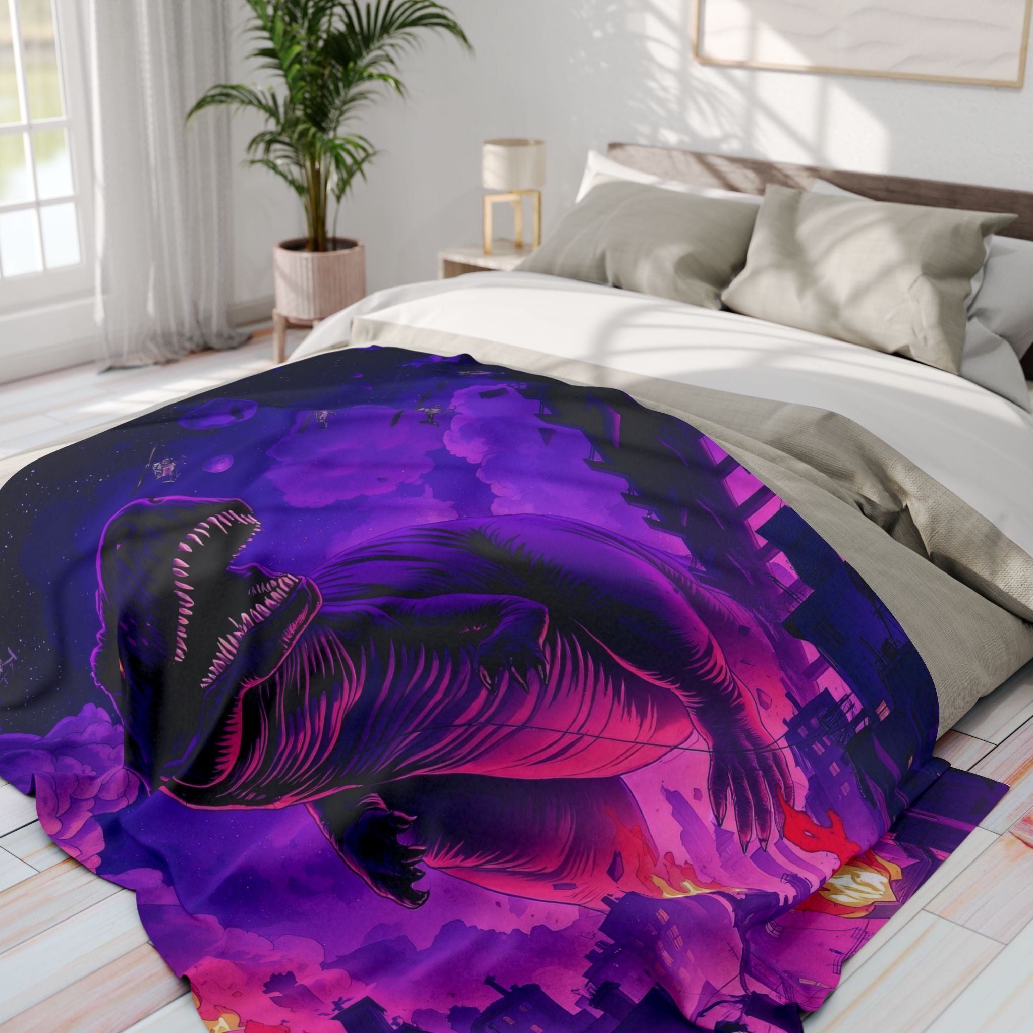 T-Rex Attacks City Blanket