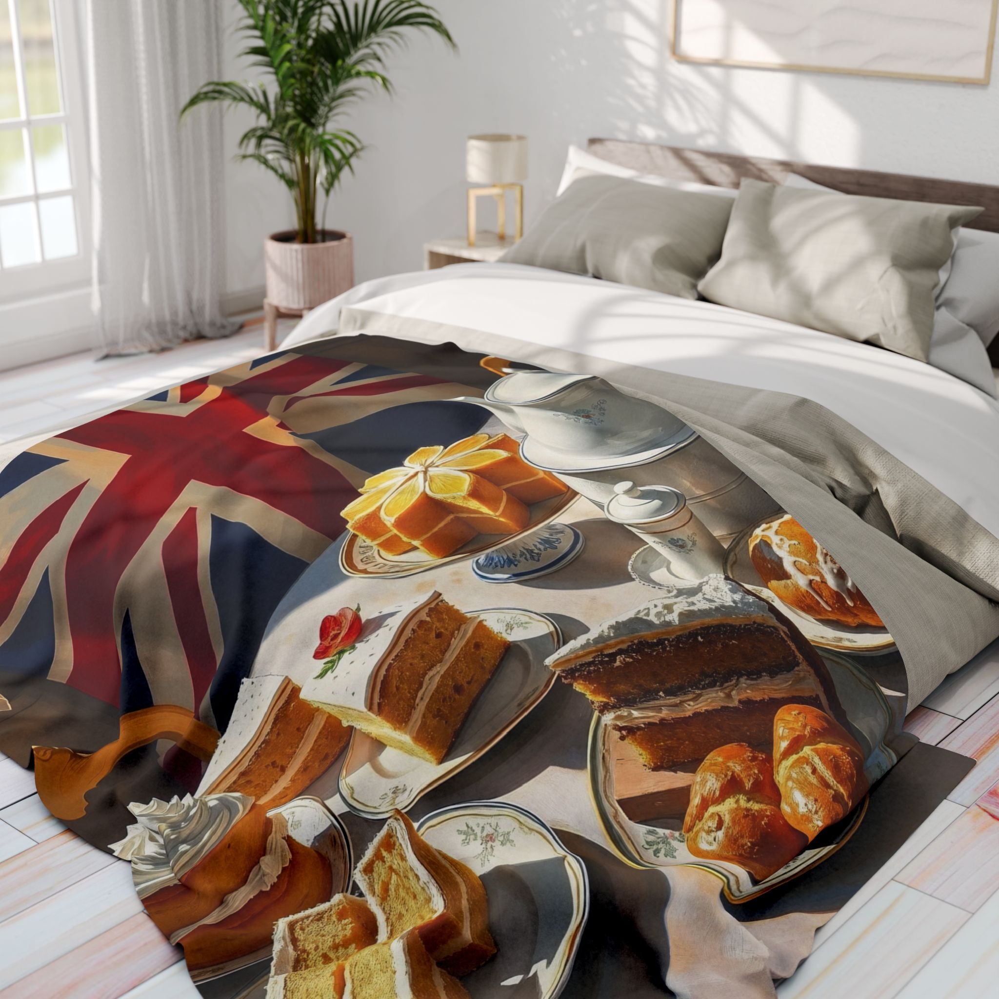 Blanket with British flag and food design on a bed in a bedroom.