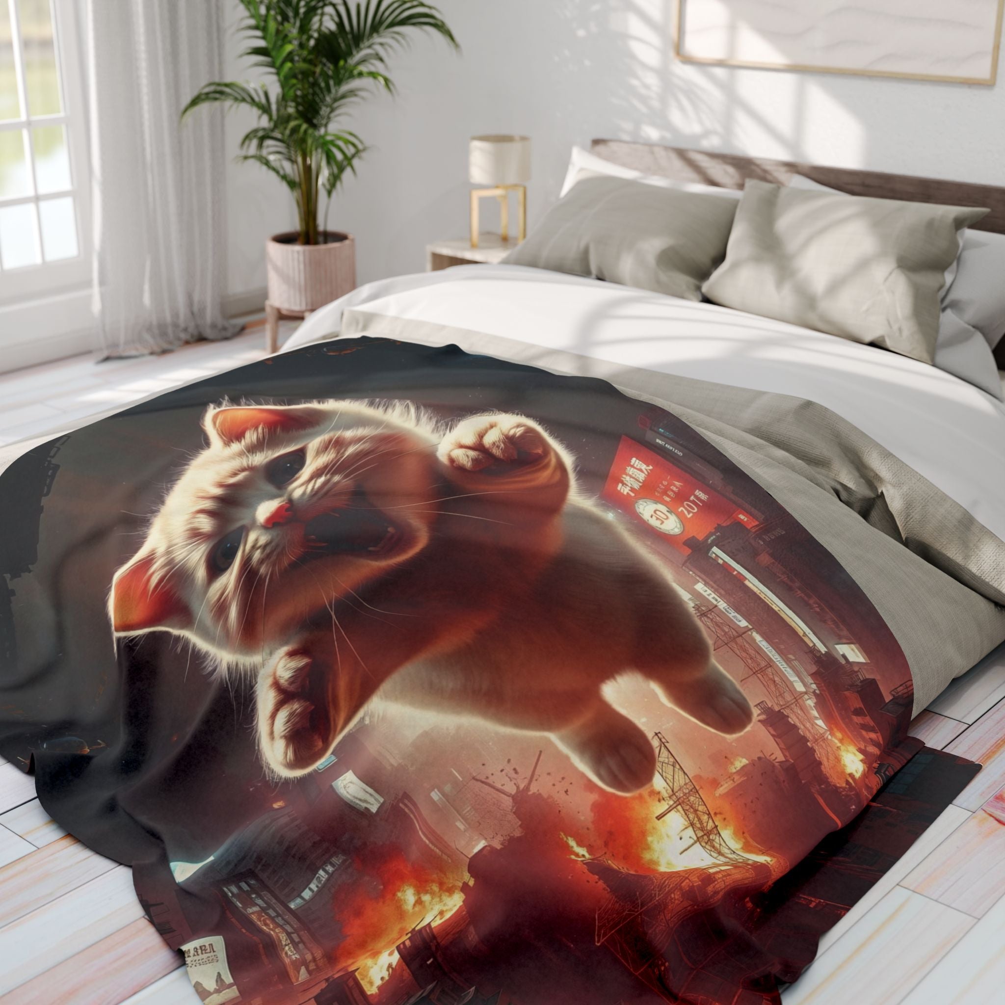 Angry Kitty Attacks Downtown Tokyo City Blanket