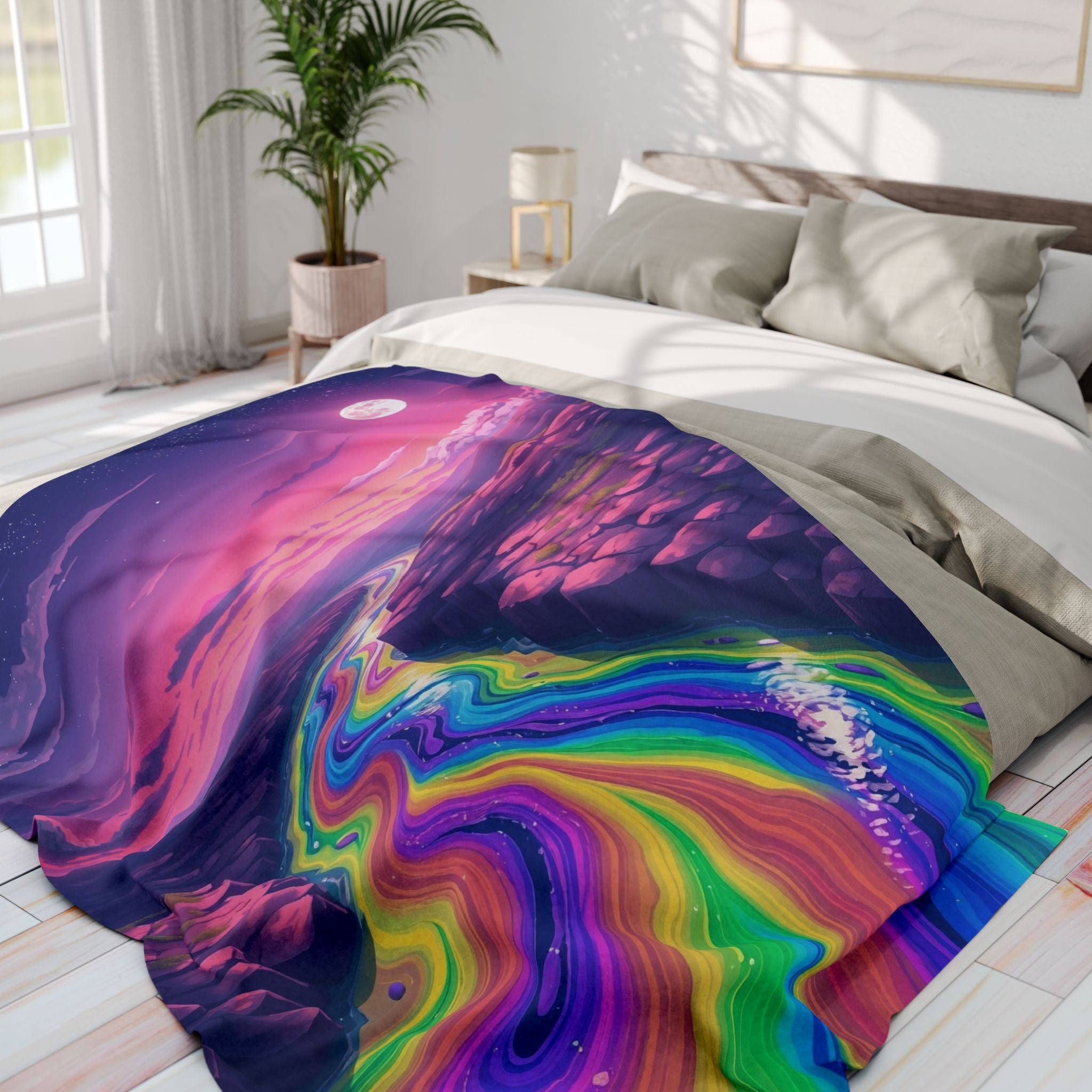 Abstract rainbow river at night blanket on a bed in a bright bedroom.