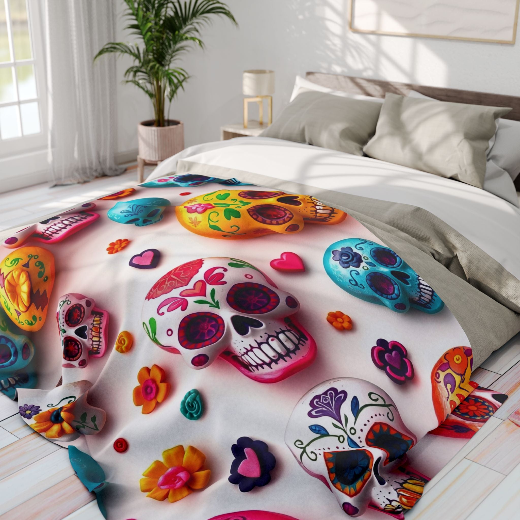 Colorful mexican day of the dead sugar skull and floral patterned fleece blanket throw on a bed in a bright bedroom.