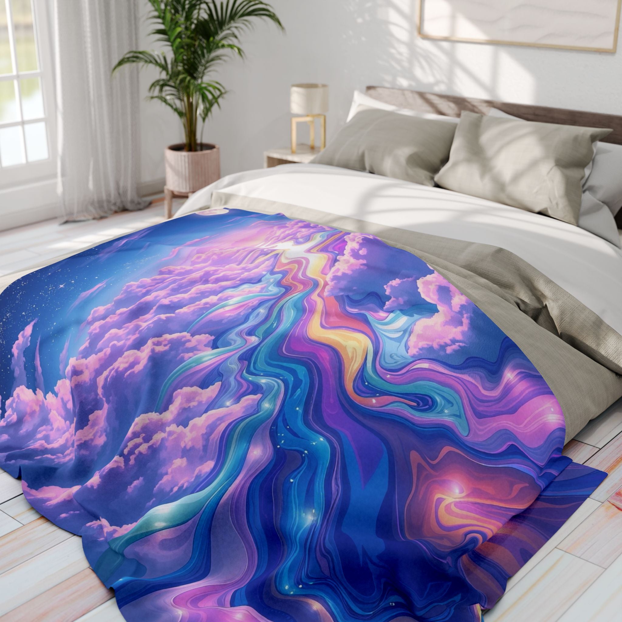 Colorful cloud patterned fleece blanket on a bed in a bright bedroom.