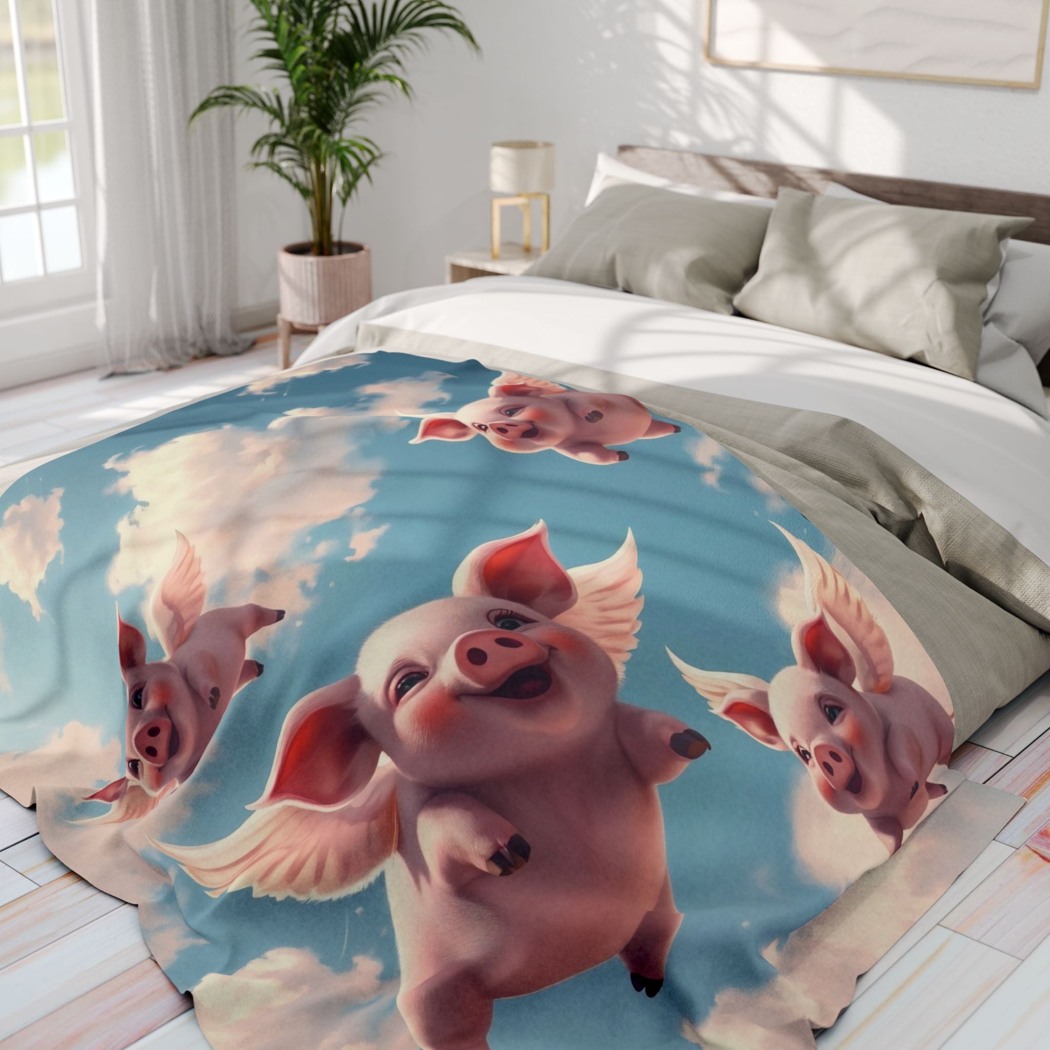 Fleece blanket with cute cartoon flying pigs design on a bed in a bright bedroom.