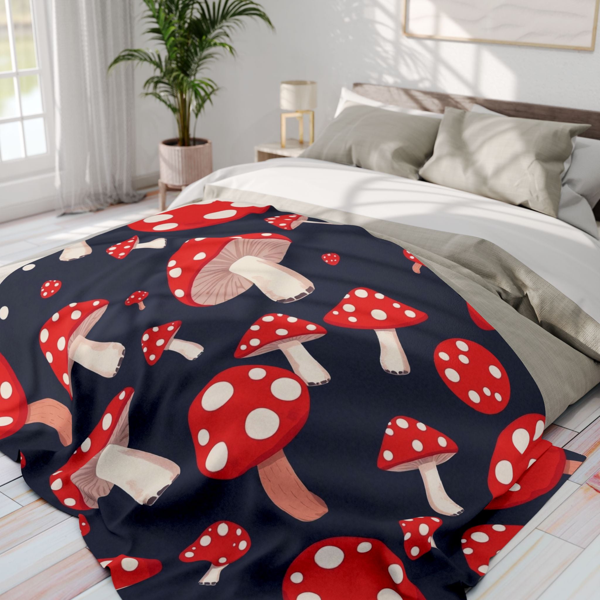 Bed with a red and white mushroom patterned fleece blanket throw in a bright bedroom.