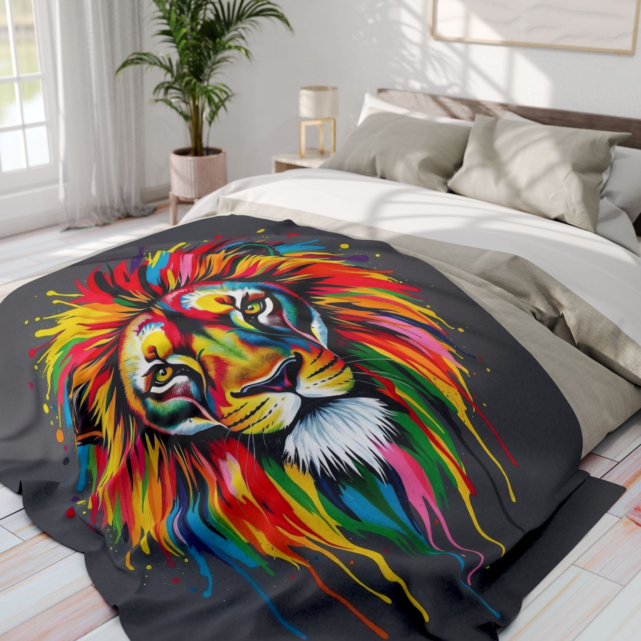 Multicoloured colourful paint lion design on a bed in a bright bedroom.