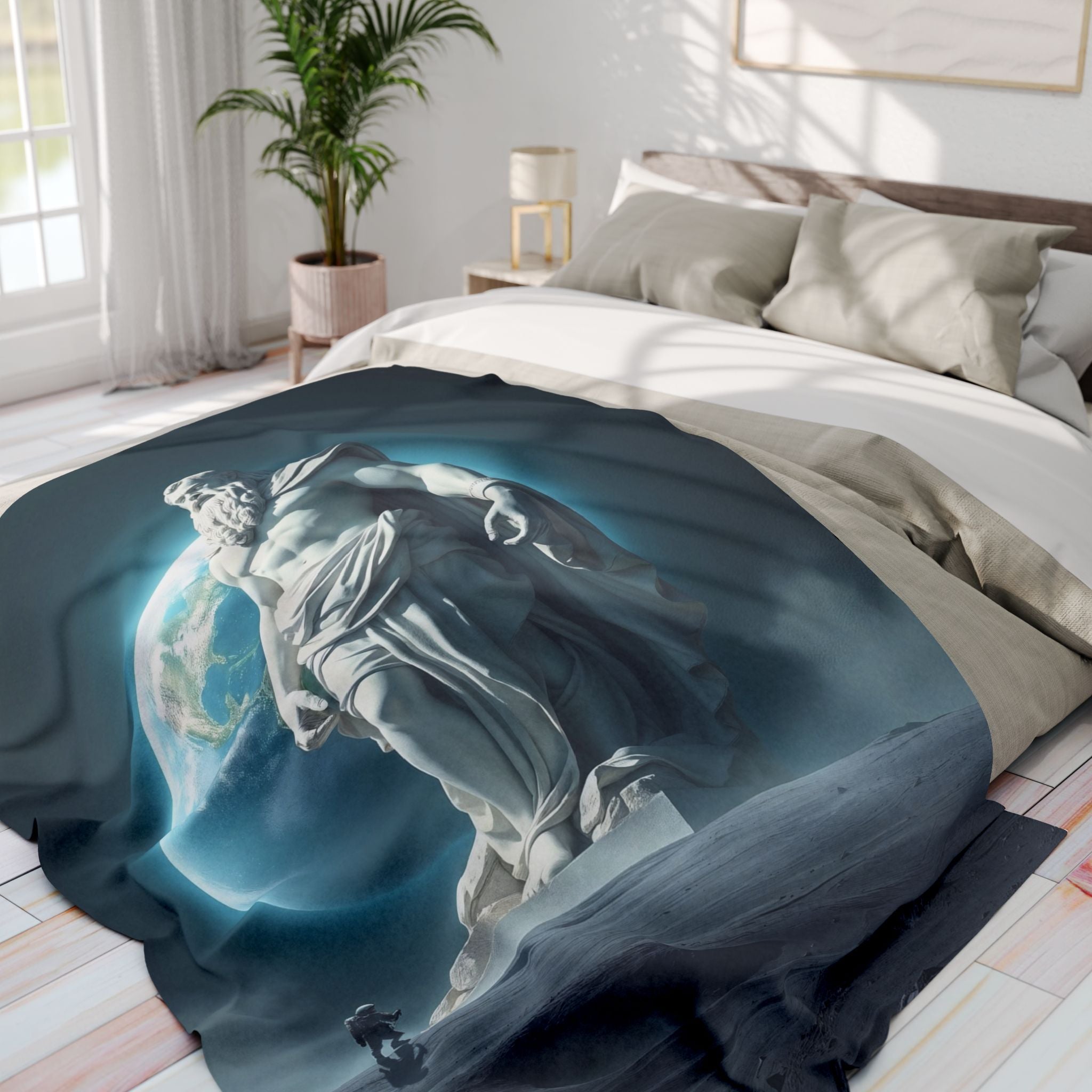 Bed with a decorative fleece blanket featuring a statue of the ancient greek god zeus on the moon with an astronaut in a bright bedroom.