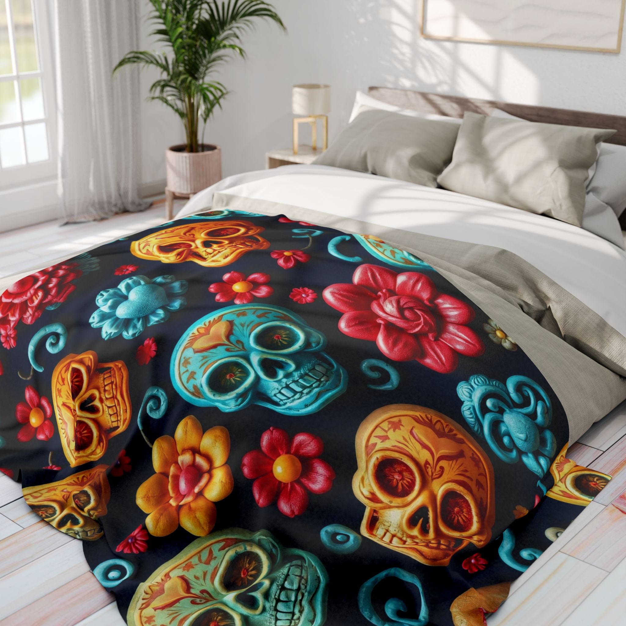 Colorful sugar skull and floral patterned fleece blanket throw on a bed in a bright bedroom.