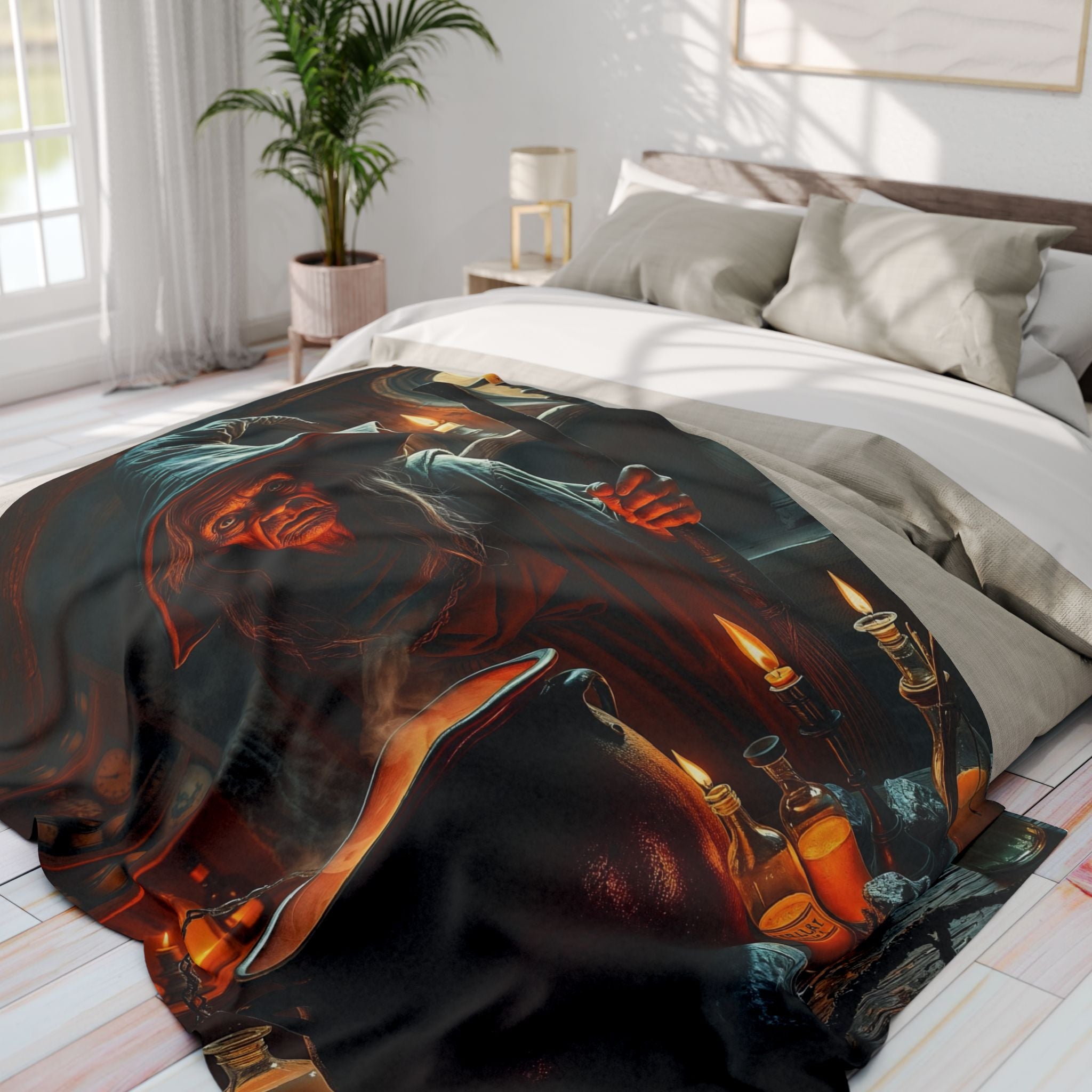 Decorative fleece blanket featuring a halloween evil witch design on a bed in a bright bedroom.