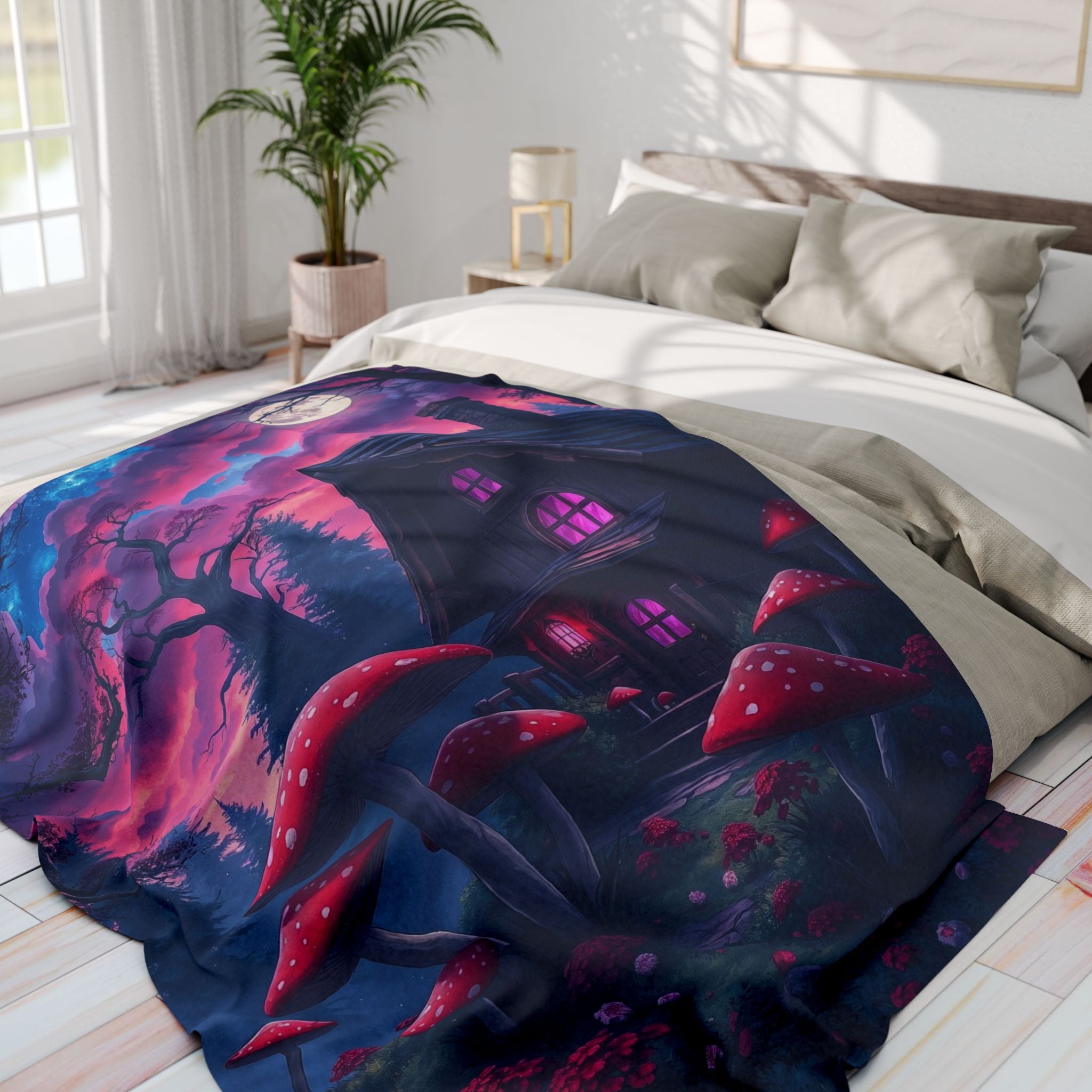 Bed with a colorful fleece blanket throw featuring a haunted house with red and white spotted mushrooms in a bright bedroom.