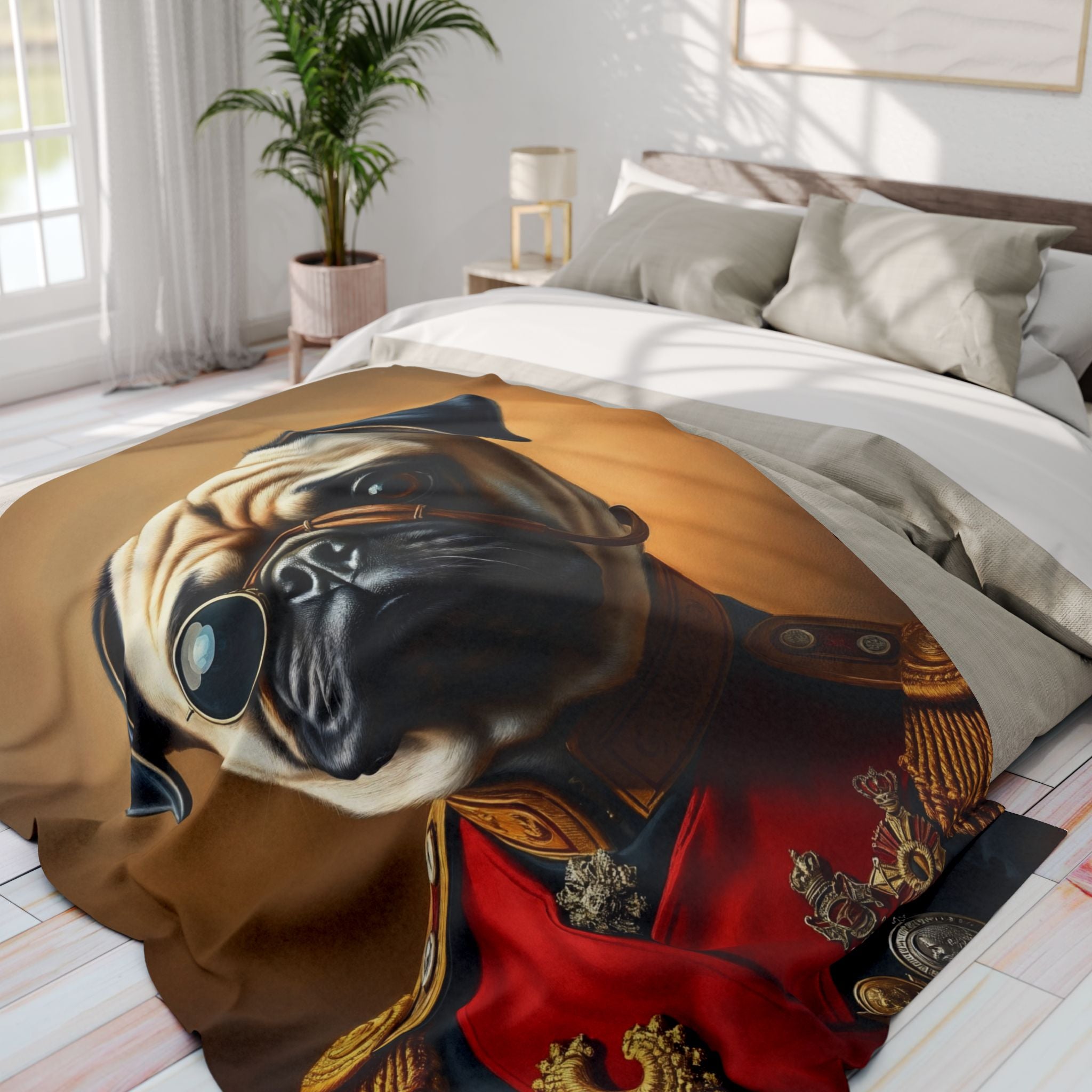 Fleece blanket featuring a pug dog wearing a vintage army military uniform draped over a bed in a bright bedroom.
