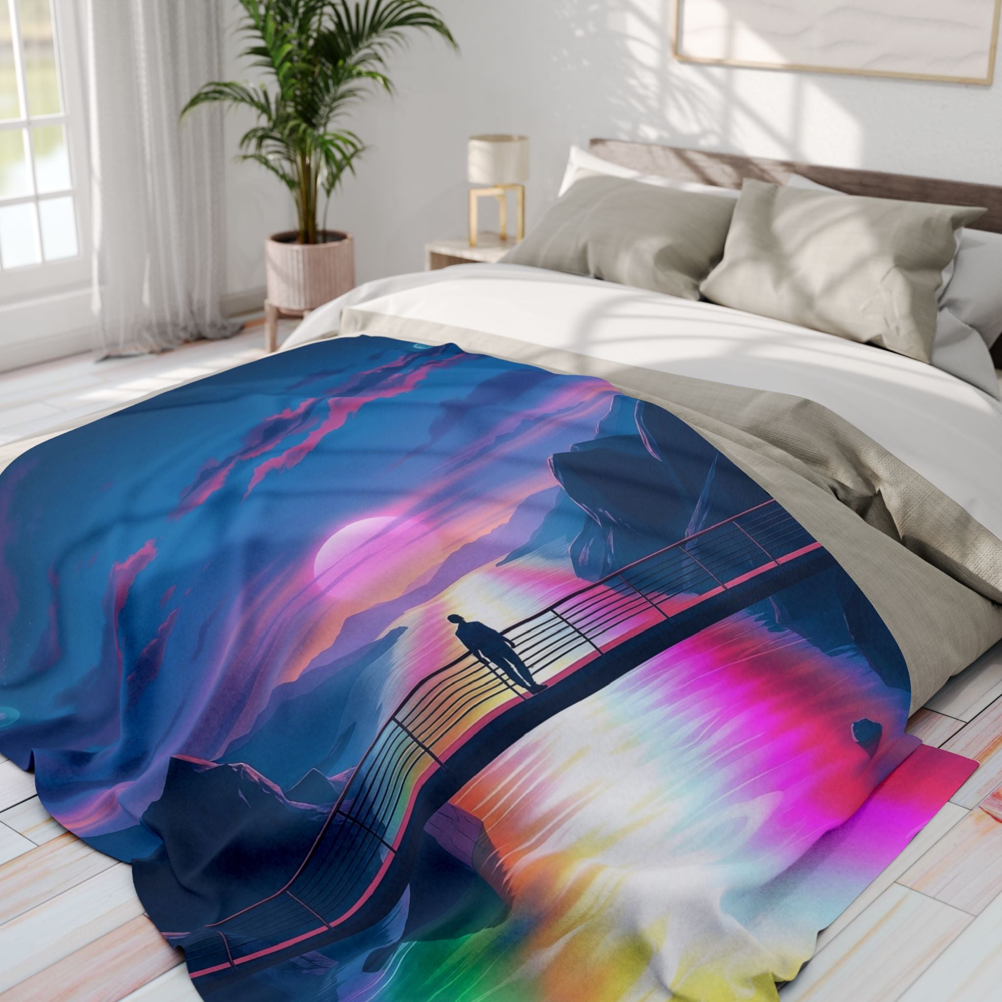 Rainbow sunset blanket with artistic design on a bed in a bright bedroom.