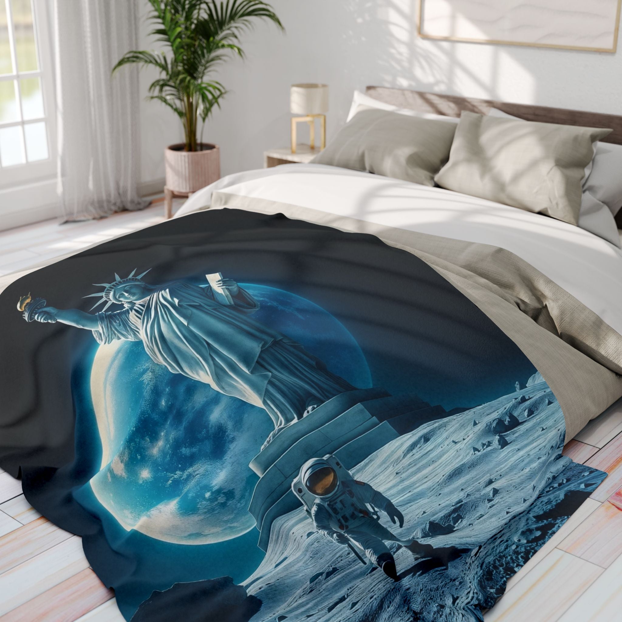 Bed with the statue of liberty and an astronaut on the moon fleece blanket in a bright bedroom.