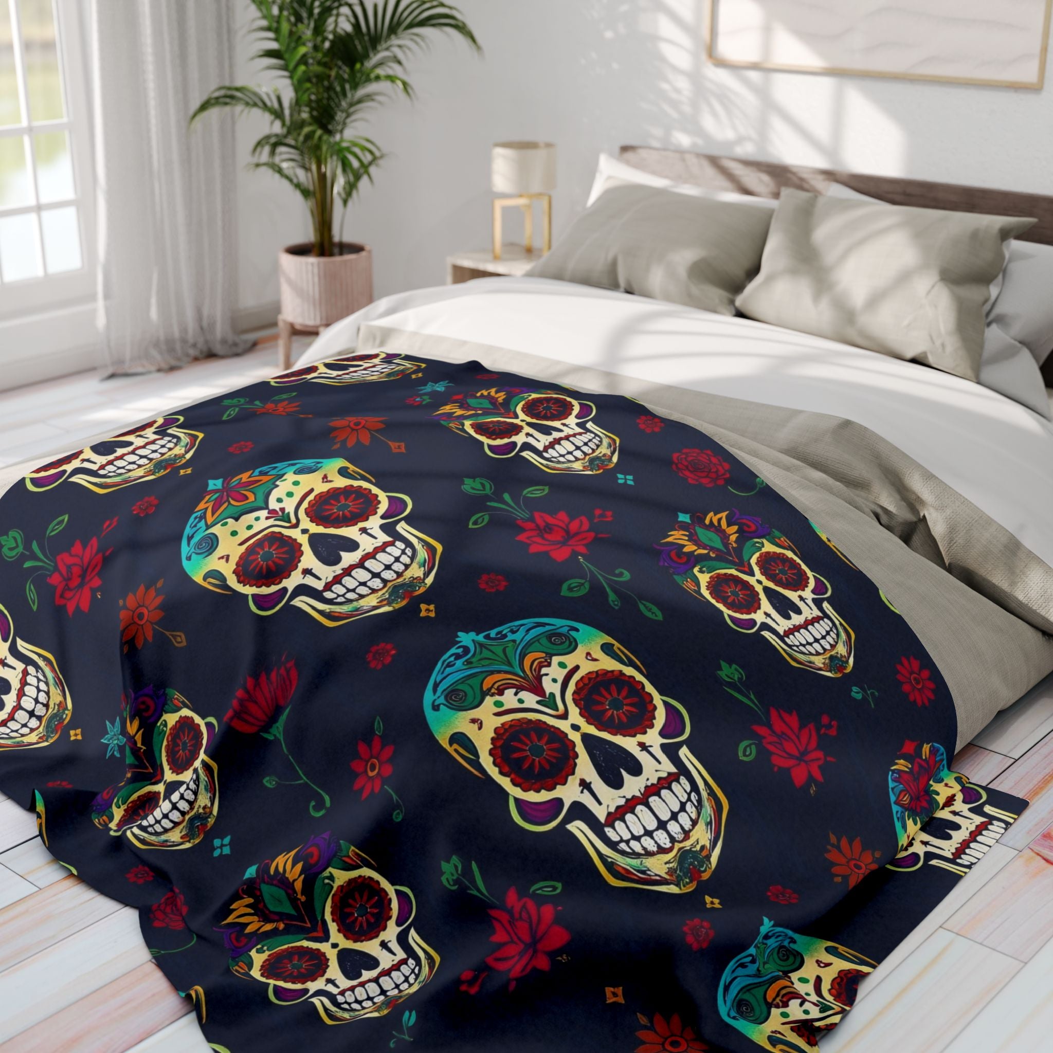 Colorful sugar skull and floral patterned blanket on a bed in a bright bedroom.