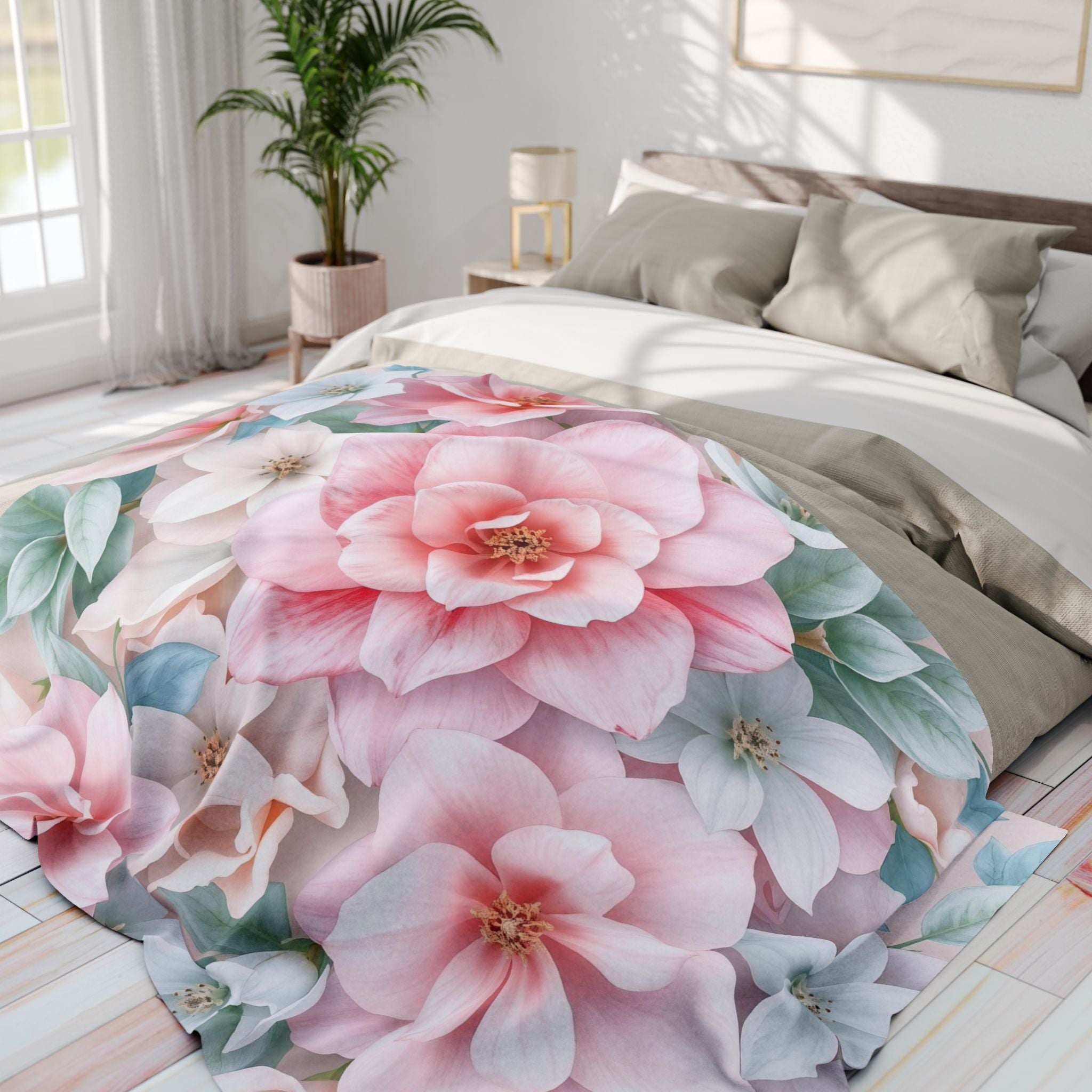 Floral fleece blanket on a bed in a bright bedroom with natural light.