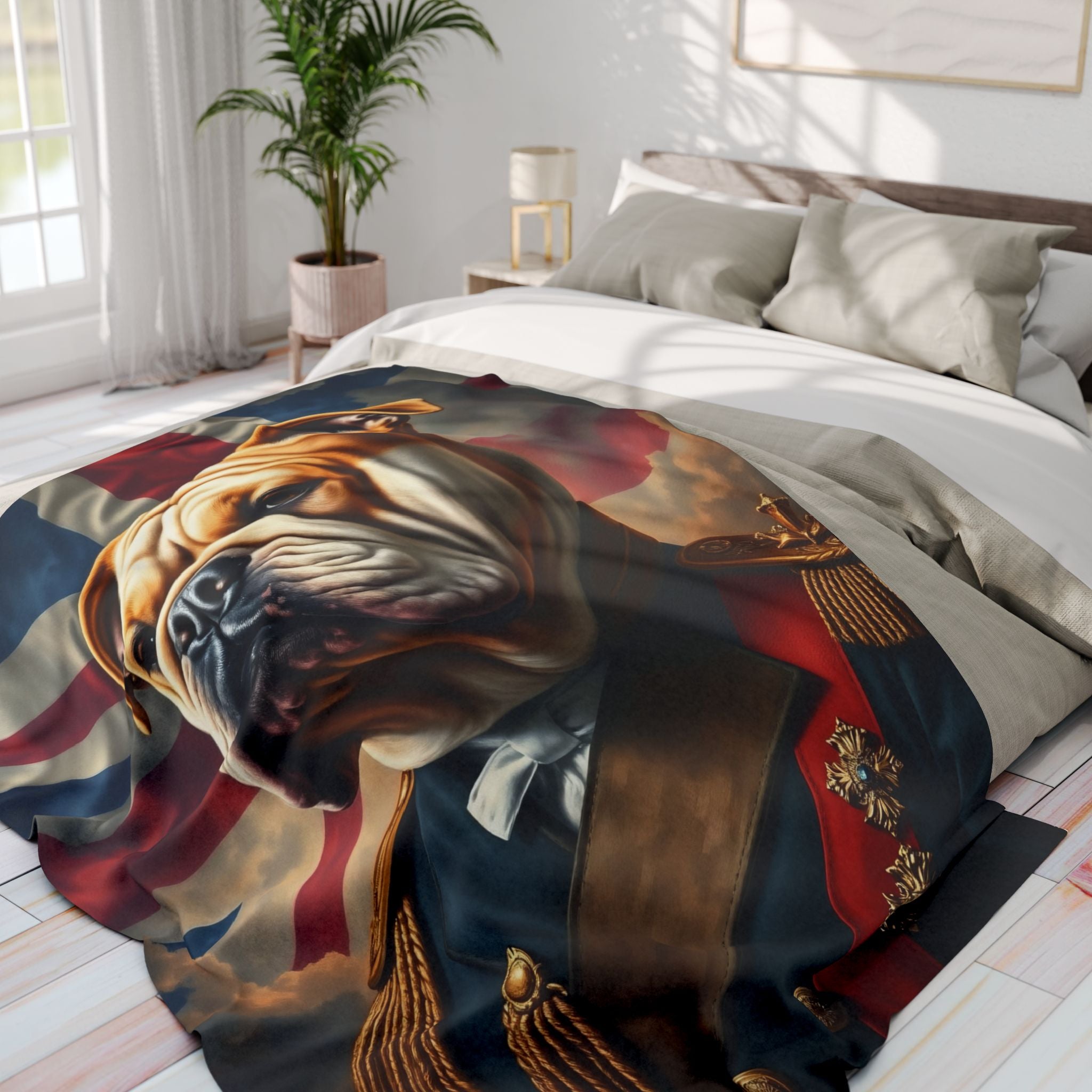 Decorative fleece blanket with a British bulldog wearing a regal military uniform and Union Jack flag design draped over a bed in a bright bedroom.