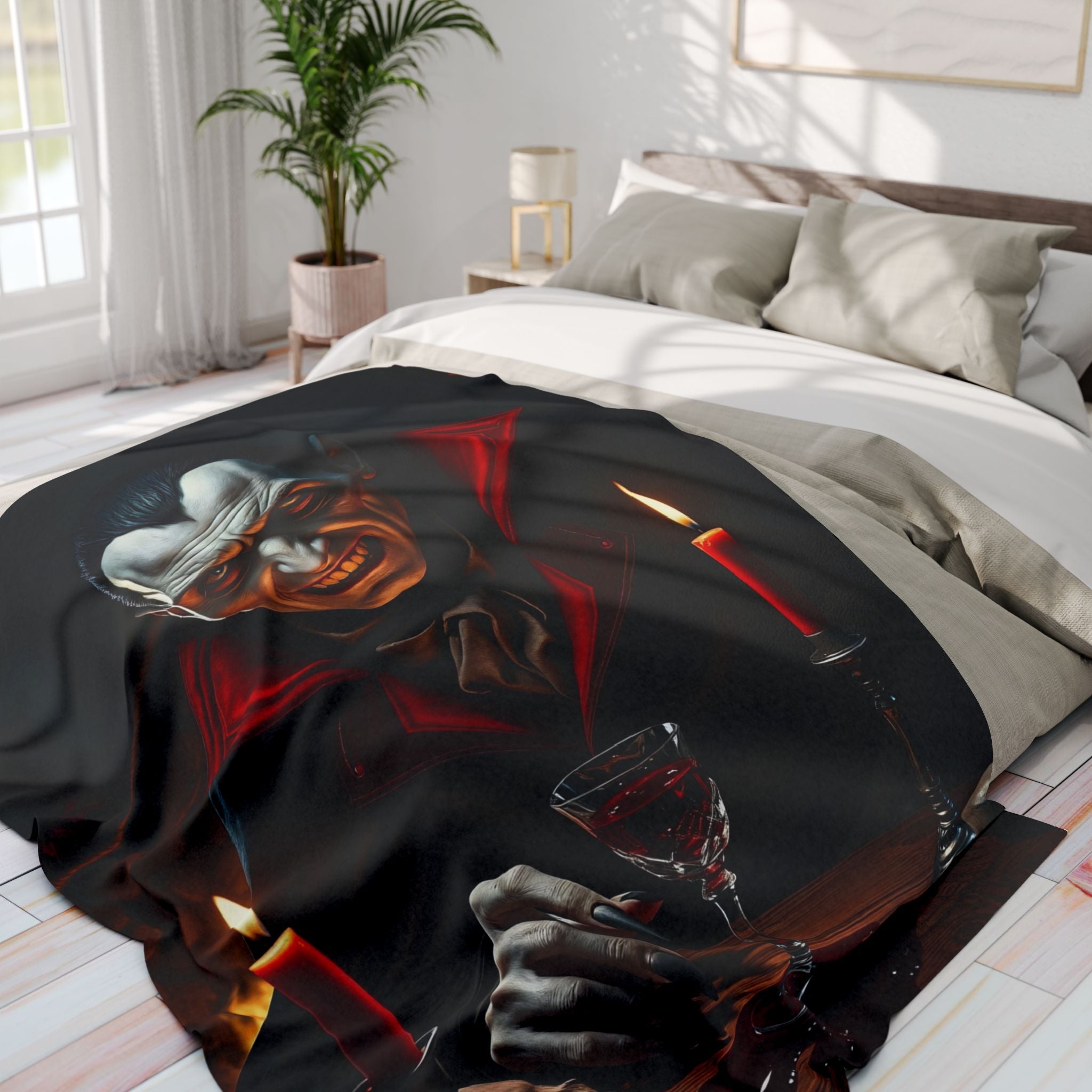 Decorative blanket with a halloween themed gothic count dracula design draped over a bed in a bright bedroom.